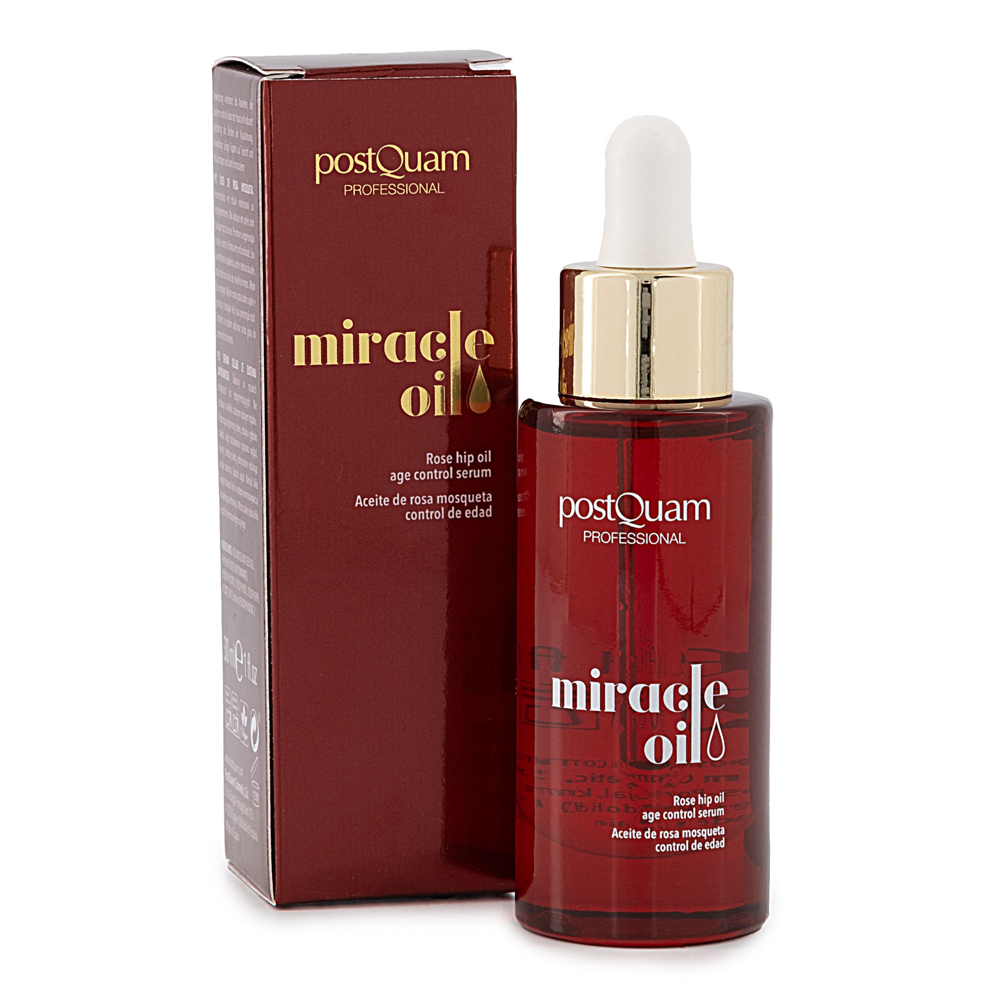 Postquam Miracle Oil fles en verpakking. Rode fles met gouden dop en pipet. Tekst: Miracle Oil, Rose hip oil, age control serum.