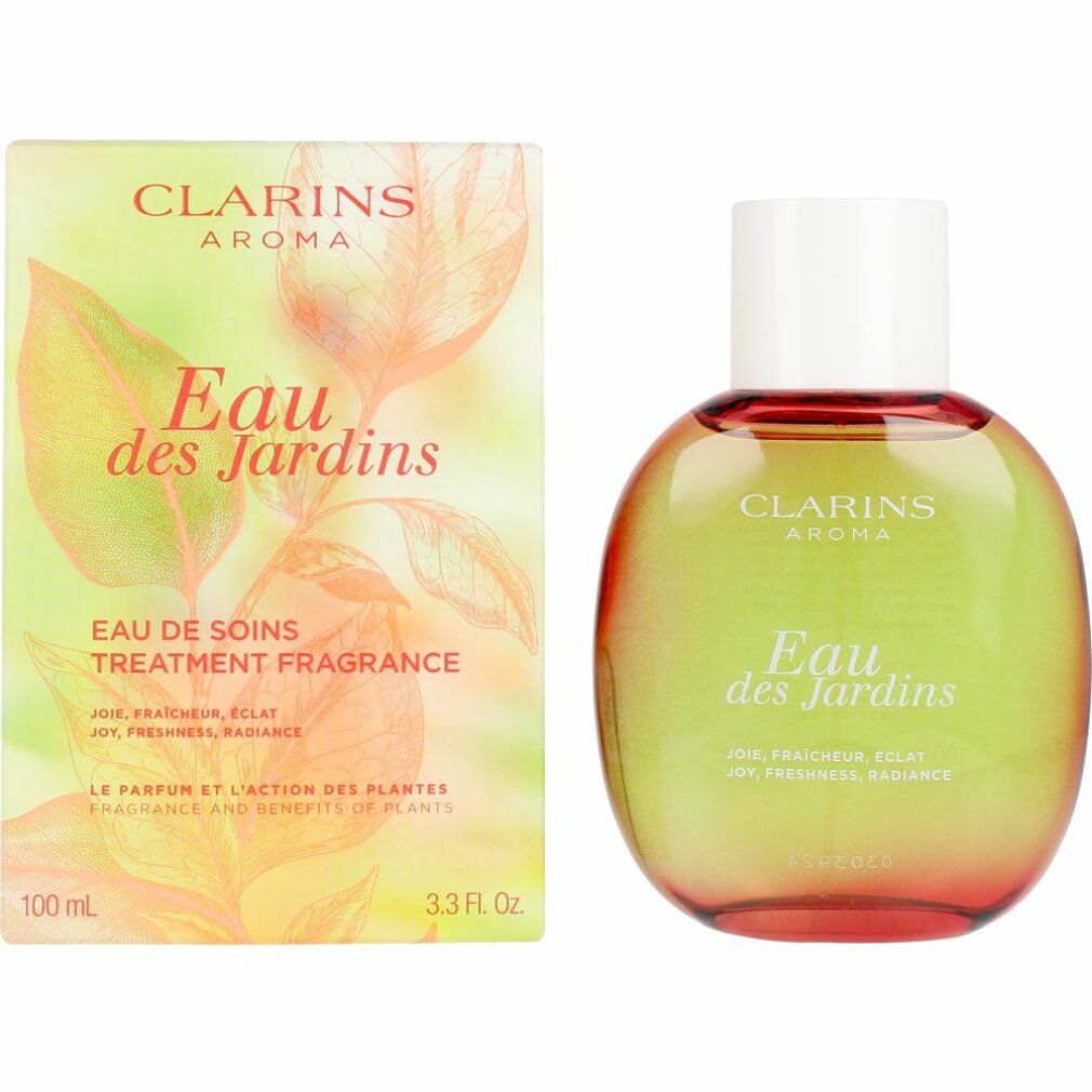 Fles en doos. Fles rond, witte dop. Doos met opschrift Eau des Jardins. Clarins Aroma. 100 ml.