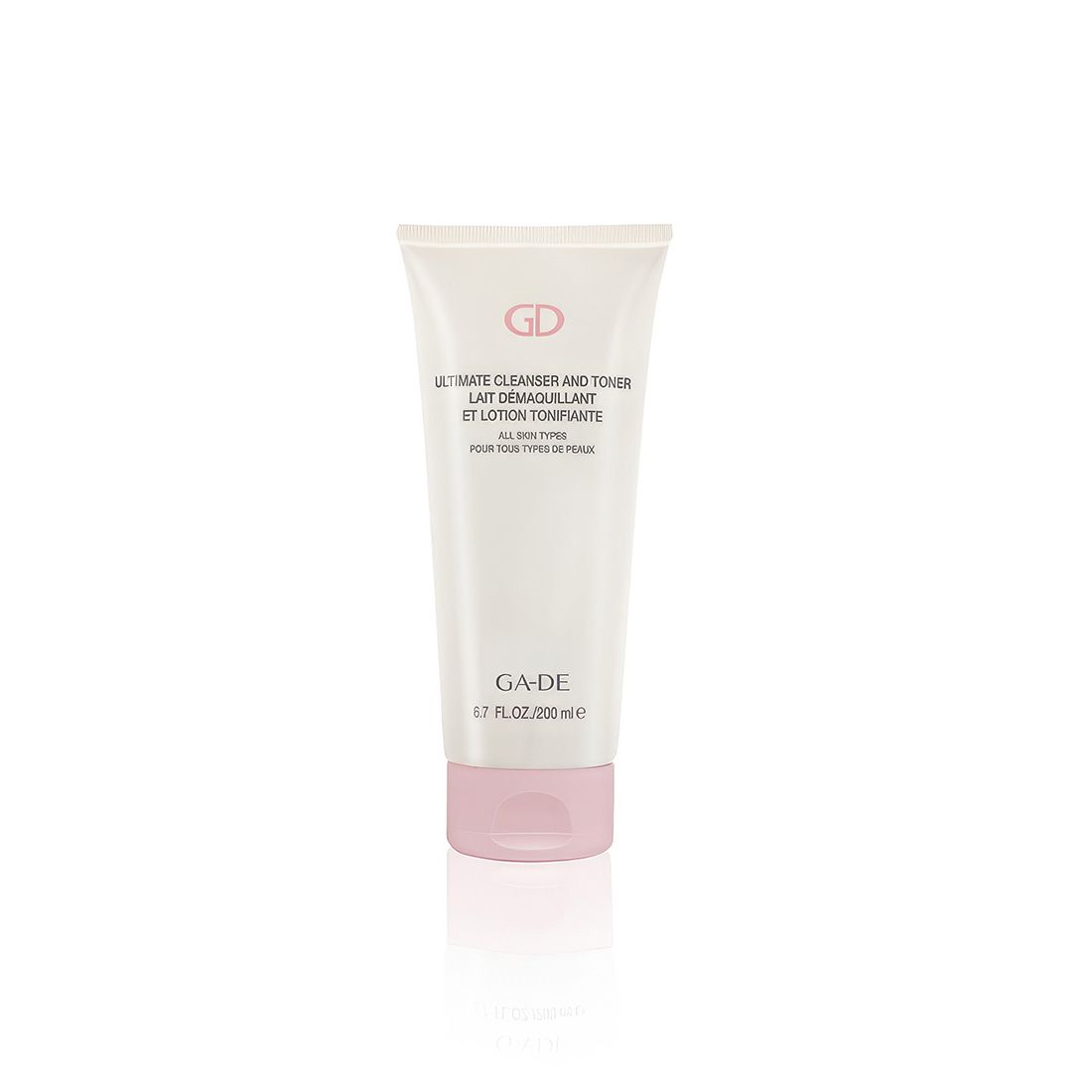 Wit-roze tube. Opschrift: Ultimate Cleanser and Toner, Ga-De. 200 ml.