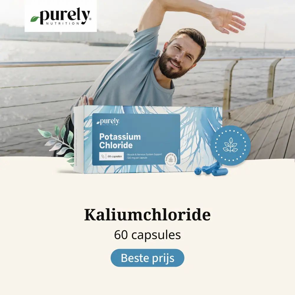 Man met verpakking « Potassium Chloride ». Tekst: Kaliumchloride, 60 capsules.