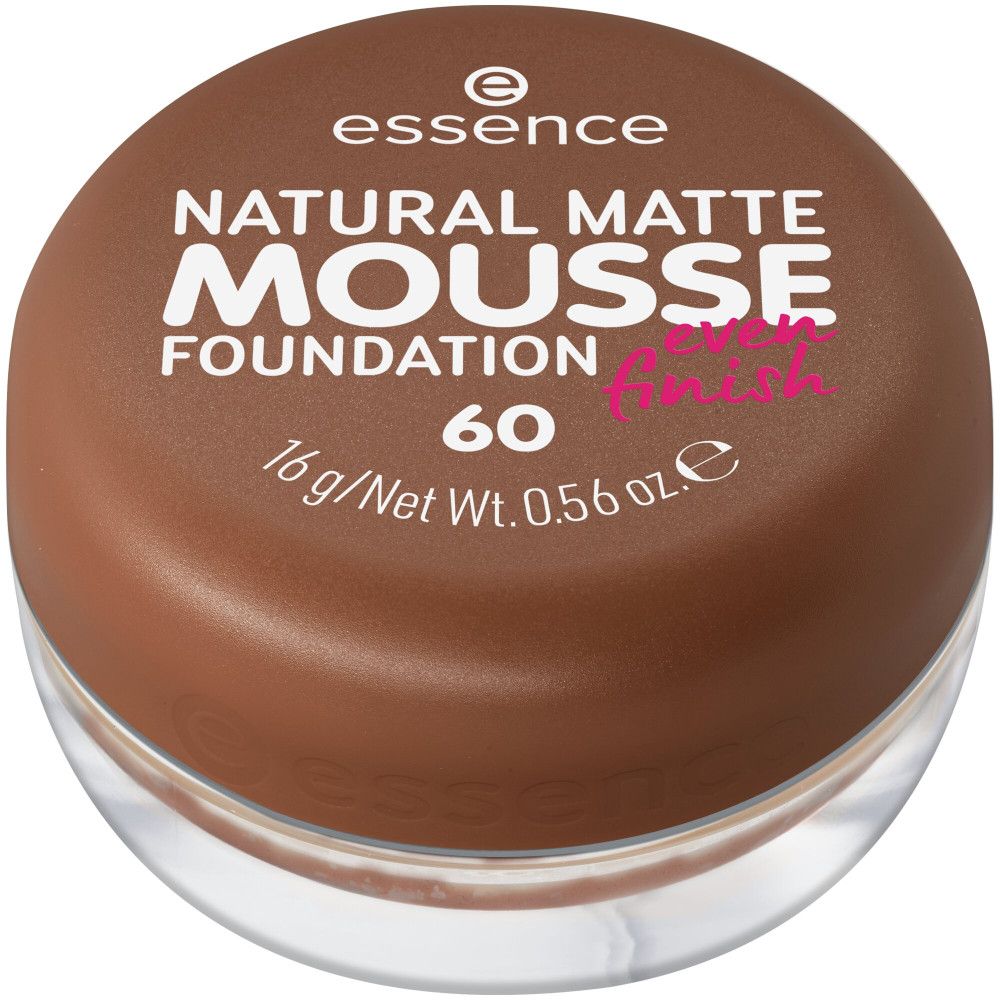 Bruine foundation in een glazen potje met bruine deksel. Op de deksel staat "NATURAL MATTE MOUSSE FOUNDATION".