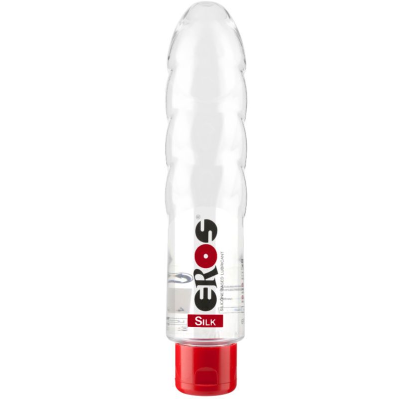 Flacon transparent avec bouchon rouge. Inscription "EROS" et "SILK".