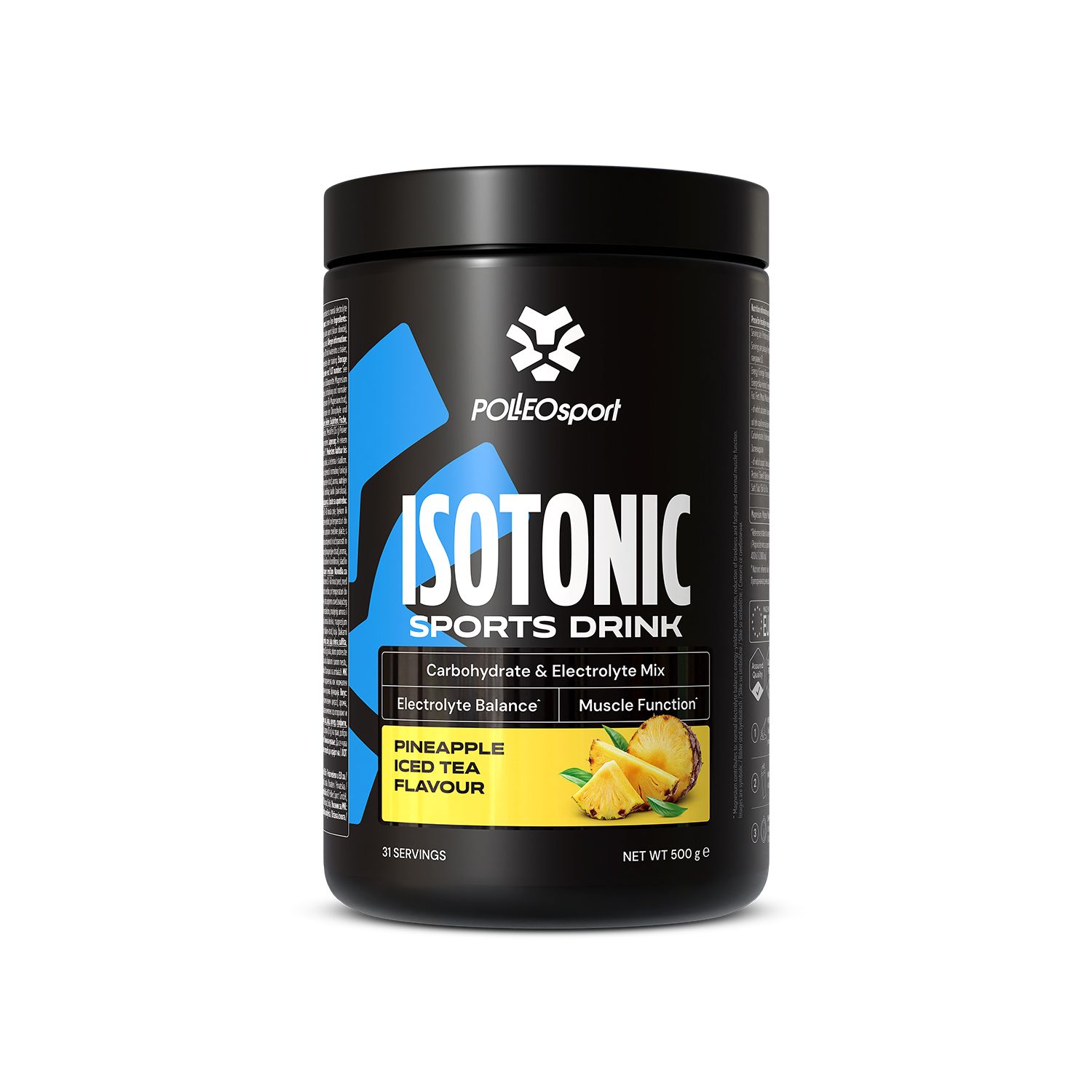 Boîte noire. ME:FIRST Isotonic Sports Drink. Texte : Isotonic Sports Drink, Pineapple Iced Tea Flavour. Image d'ananas.