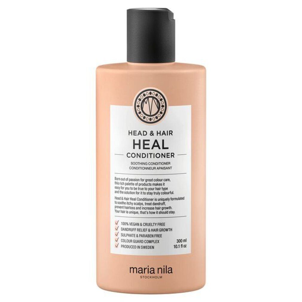 Beige fles met zwarte dop. Etiket met tekst: HEAD & HAIR HEAL CONDITIONER. Merk: Maria Nila. 300 ml.