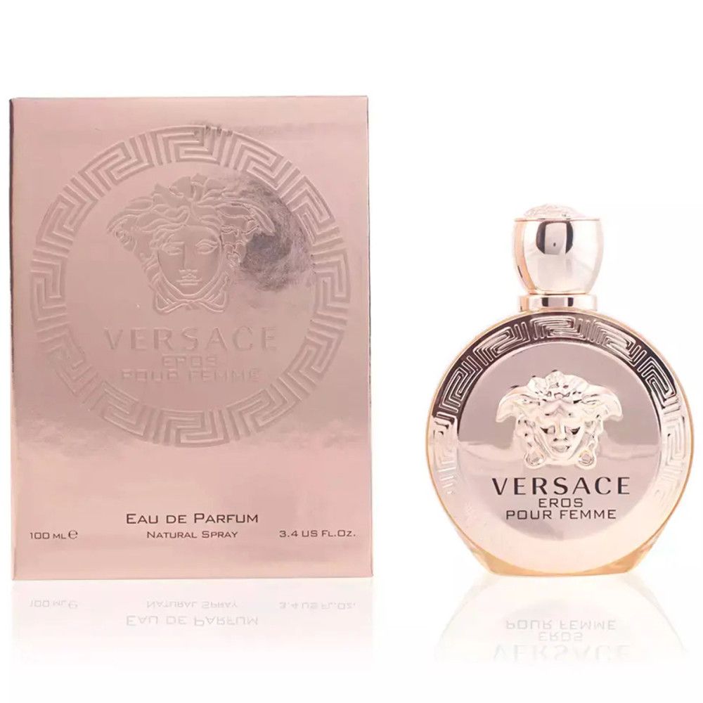 Roze fles en verpakking. Opschrift: VERSACE EROS POUR FEMME. Eau de Parfum, Natural Spray.