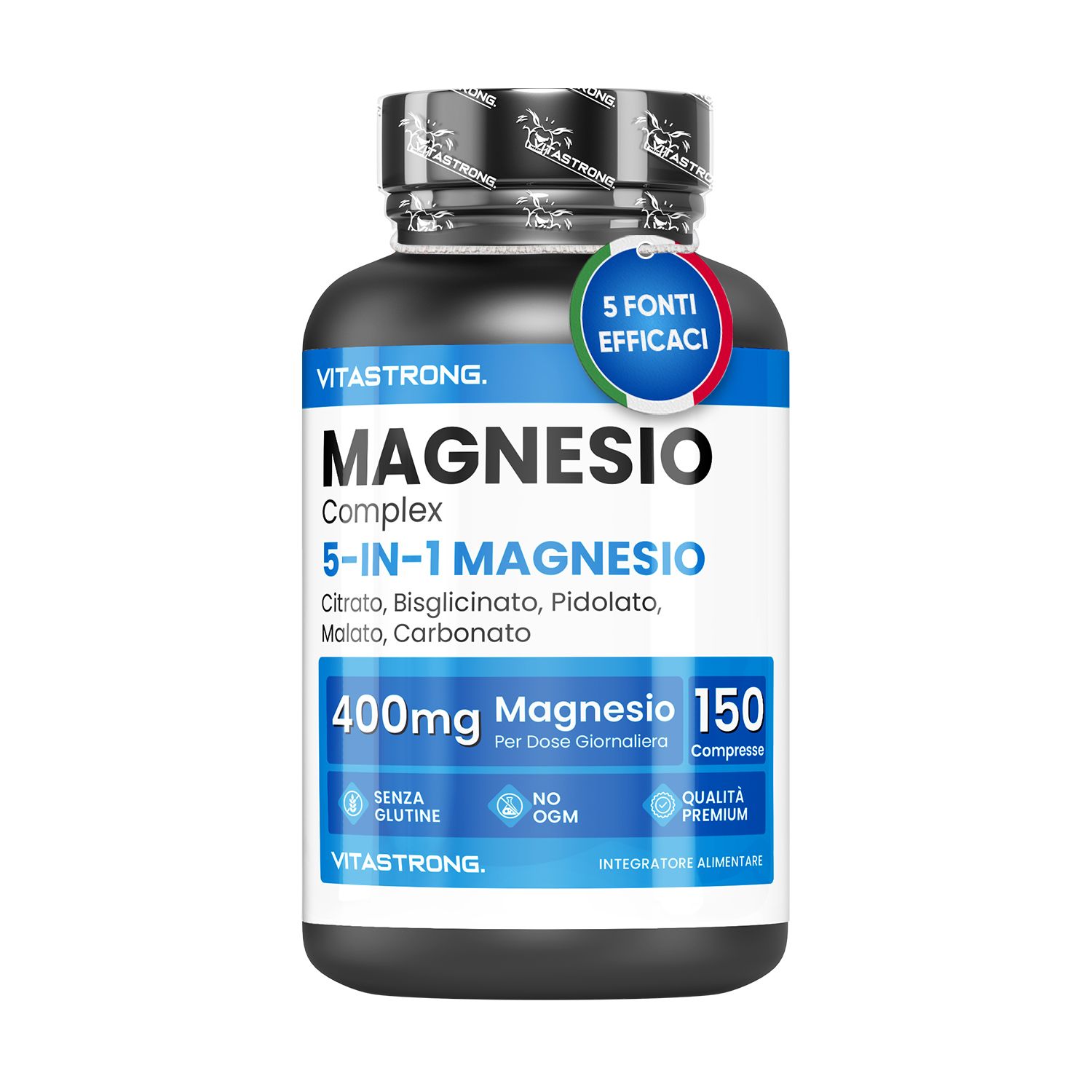 Vitastrong Magnesium-Complex 5-in-1. Fles met tabletten. 150 tabletten. 400mg magnesium. Glutenvrij, geen GGO.