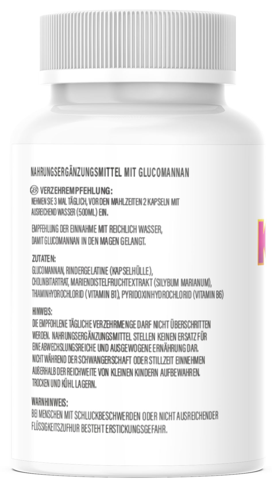 Dos du flacon blanc avec instructions d'utilisation. Complément alimentaire avec glucomannane. Contient ingrédients et avertissements.