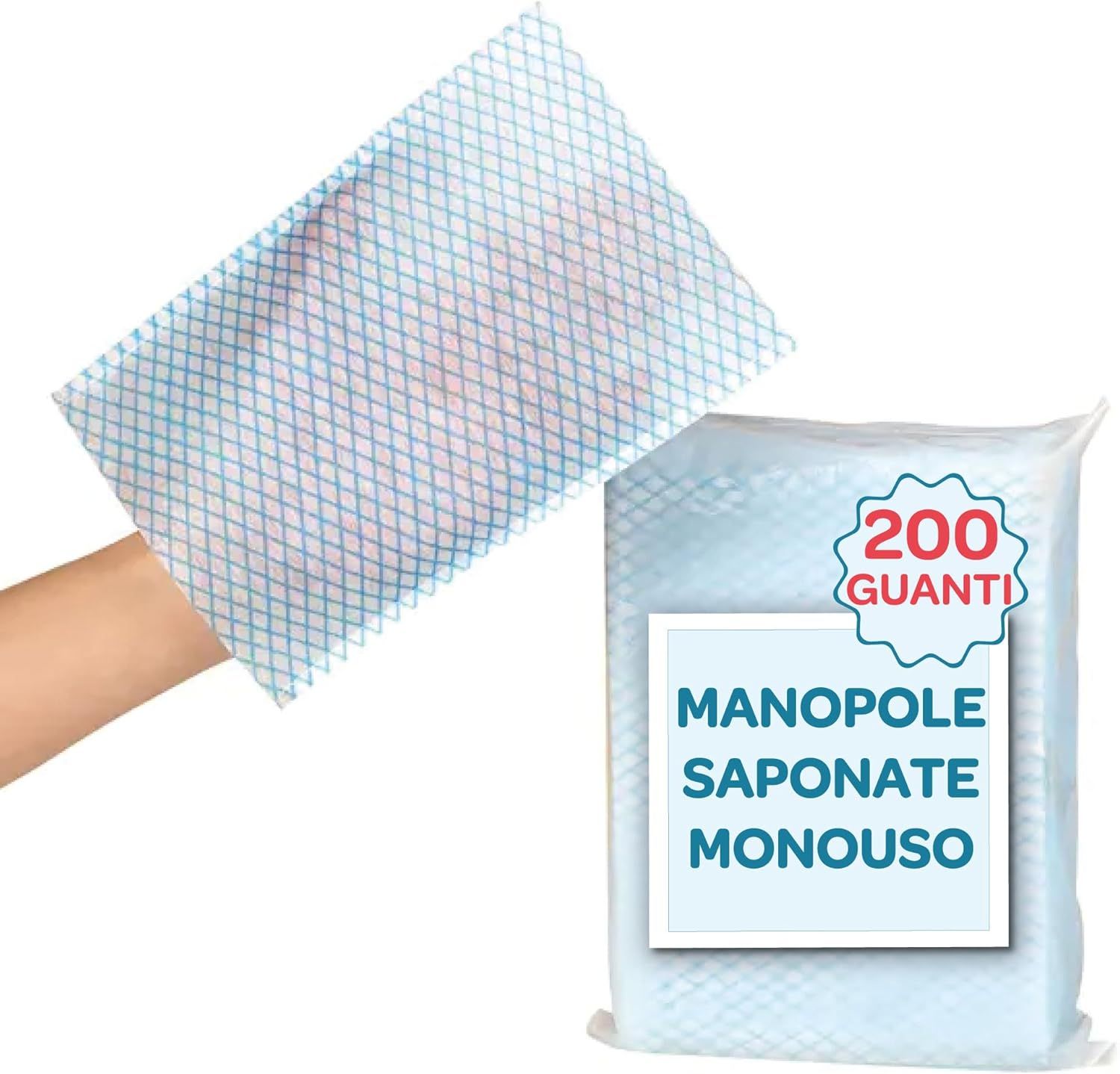 Gant de toilette, motif quadrillé bleu, tenu en main. Emballage avec 200 pièces, texte: MANOPOLE SAPONATE MONOUSO.