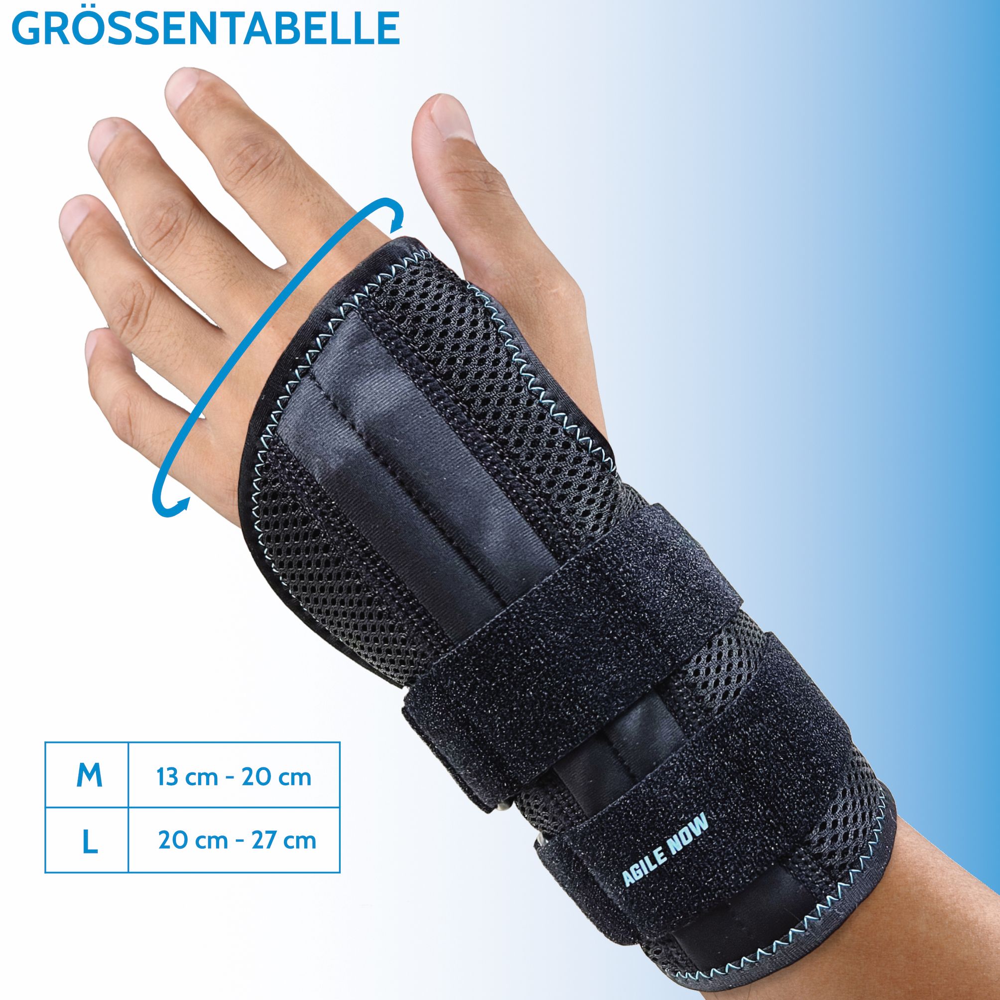 Attelle de poignet sur le poignet. Noir avec accents bleus. Tailles : M, L. Marque : AGILE NOW.