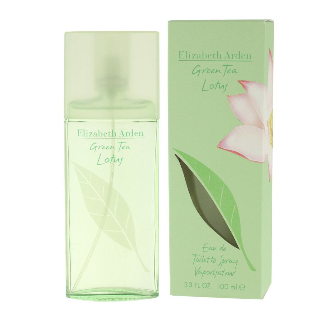 Fles en verpakking van Elizabeth Arden Green Tea Lotus Eau de Toilette Spray. Groen en wit. Blad- en bloemmotief.