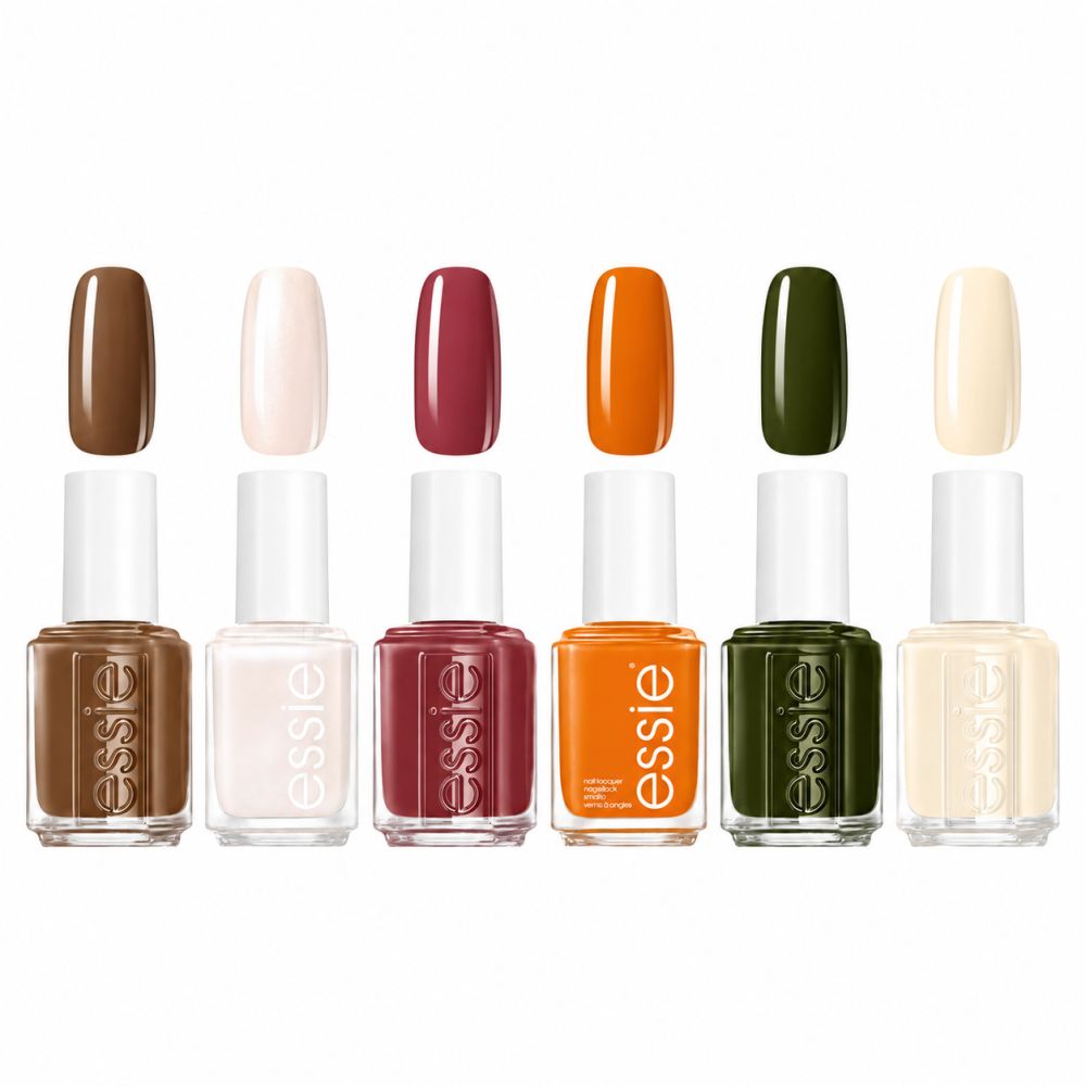 Zes Essie nagellakflesjes en kleurstalen in bruin, beige, bordeaux, oranje, donkergroen en ivoor.