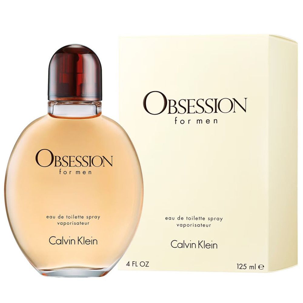 Flacon rond avec bouchon marron et boîte. Inscription : Obsession for men, Calvin Klein. 125 ml.