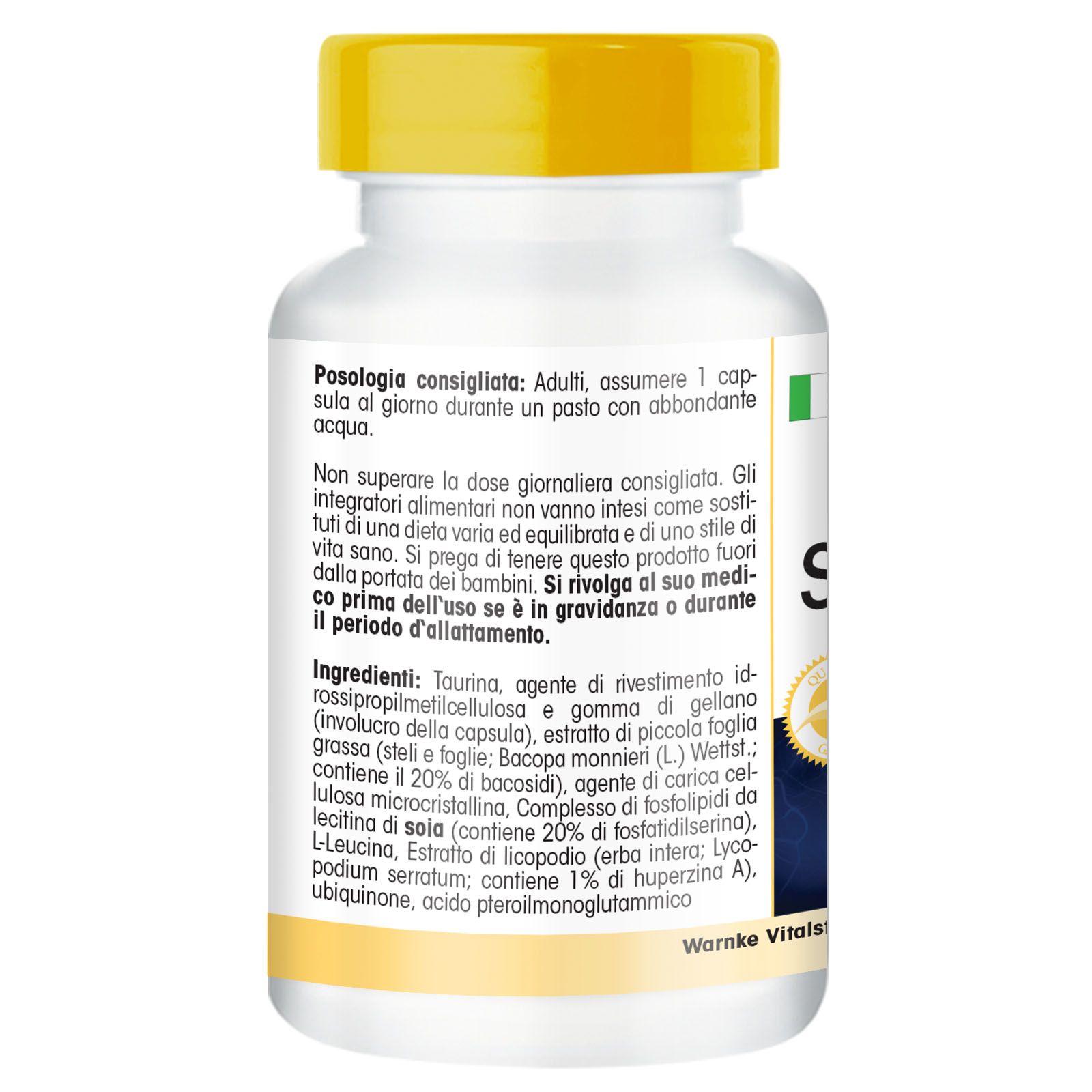 Achterkant van de witte fles. Tekst in het Italiaans. Ingrediëntenlijst en waarschuwingen. Warnke Vitalstoffe logo.