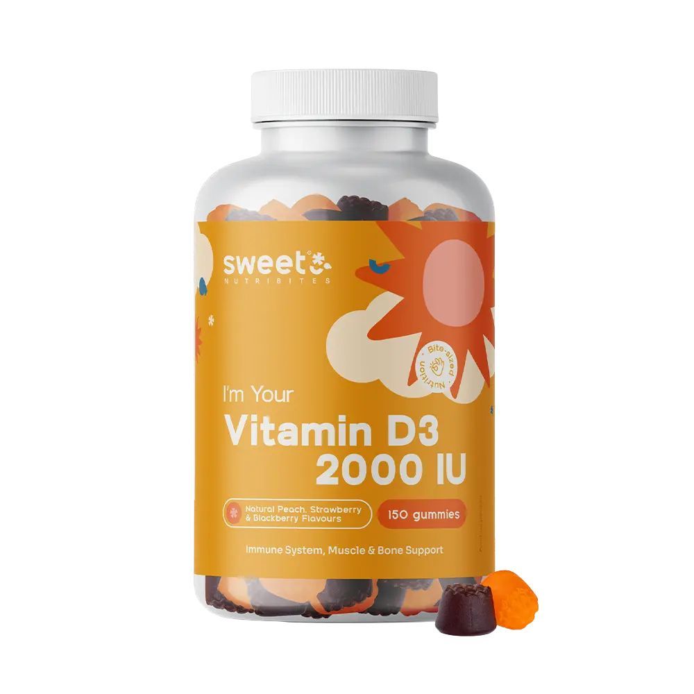 Flacon de Sweet Nutribites Vitamine D3 2000 UI, 150 gommes. Inscription : "I'm Your Vitamin D3 2000 IU".
