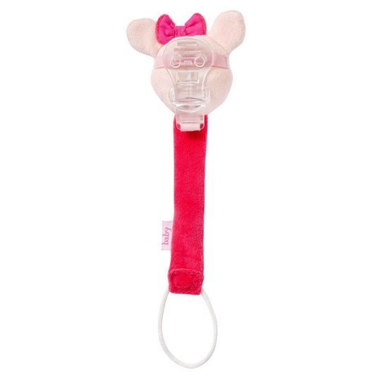 Fopspeenketting met reekop, roze strik, stof, clip en fopspeen. Roze en witte elementen. Met ring en fopspeen.