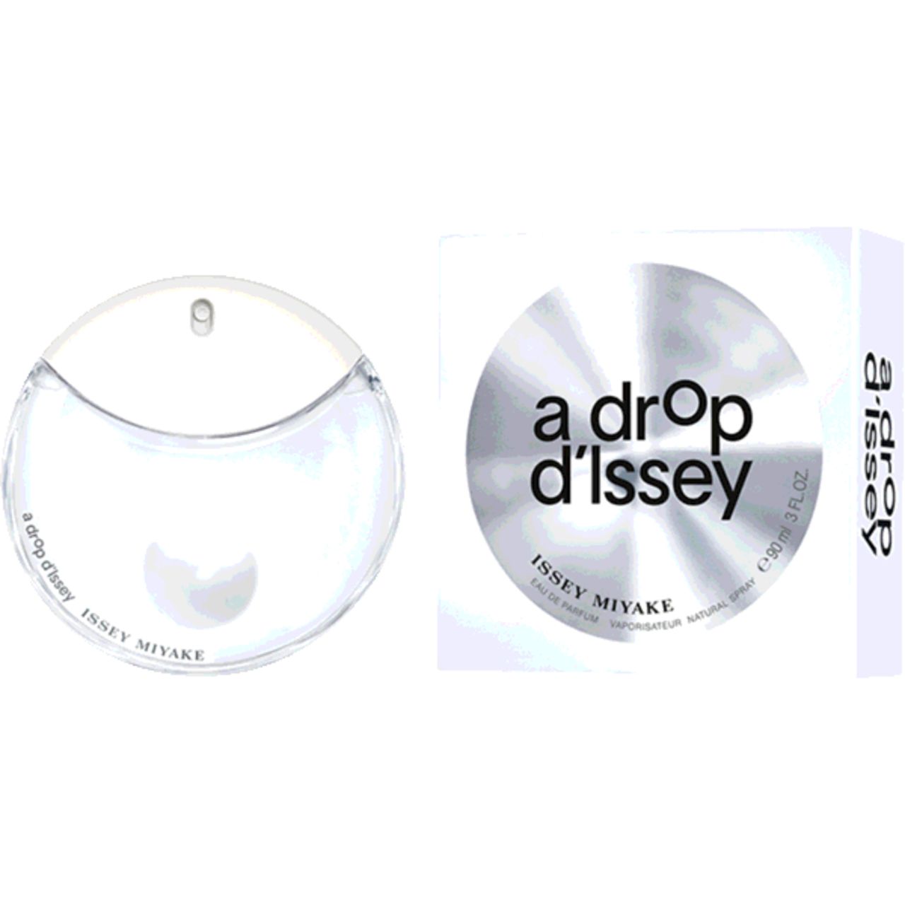 Flacon rond et emballage. Inscription: a drop d'Issey, ISSEY MIYAKE.