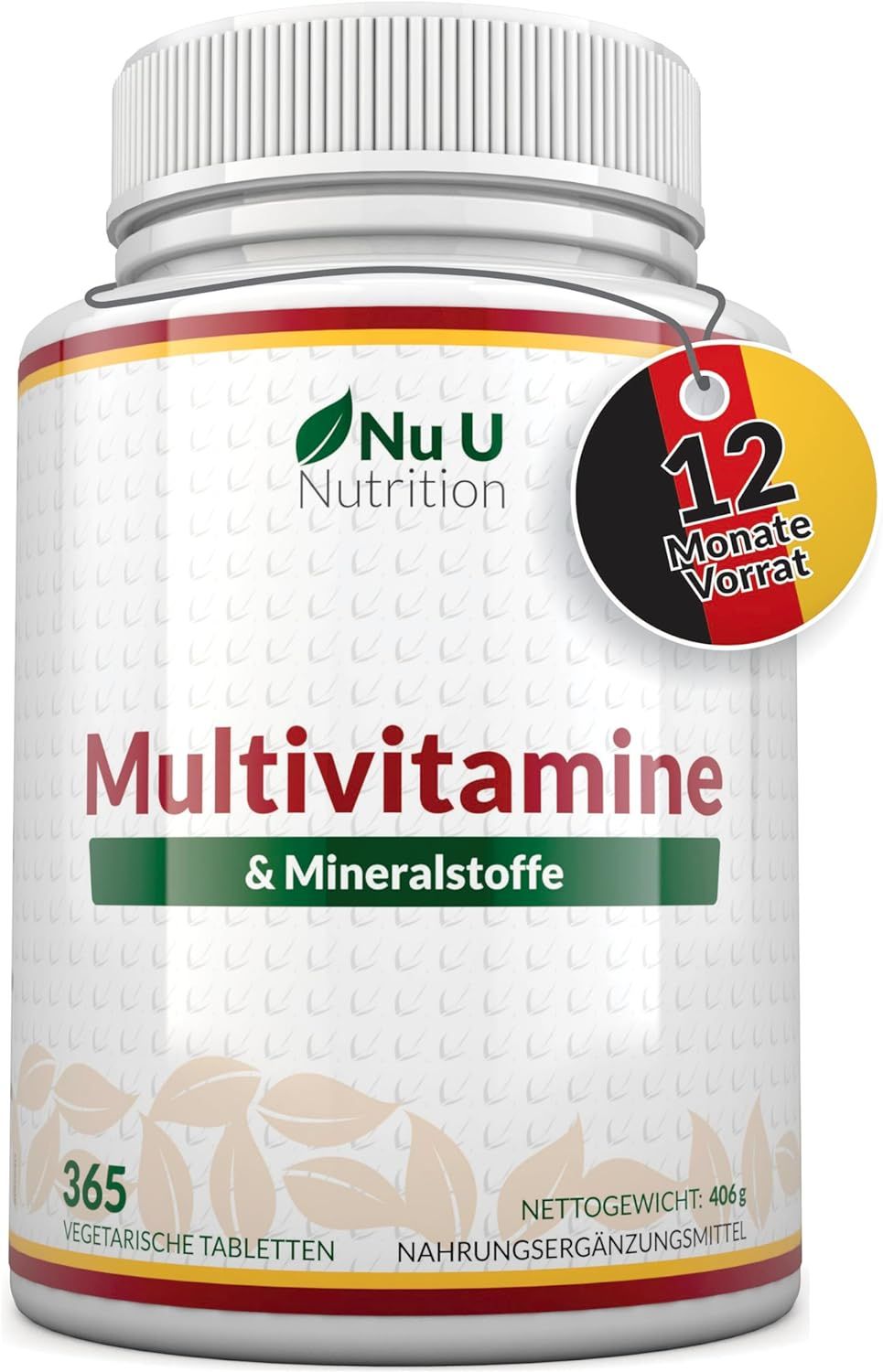 Witte fles met "Nu U Nutrition" logo, "Multivitamine & Mineralstoffe" en 365 tabletten. Label "12 maanden voorraad".