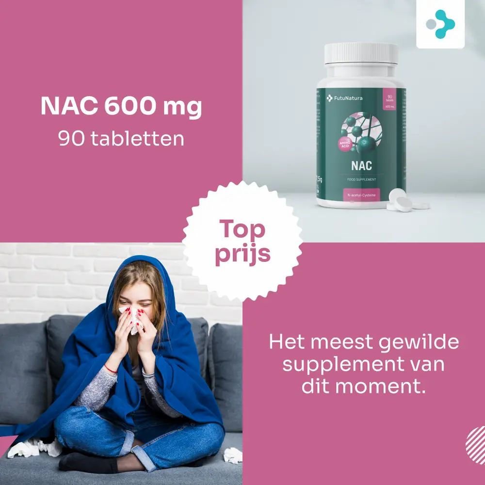 Vrouw met zakdoek. Fles NAC 600 mg. Tekst: Het meest gewilde supplement.