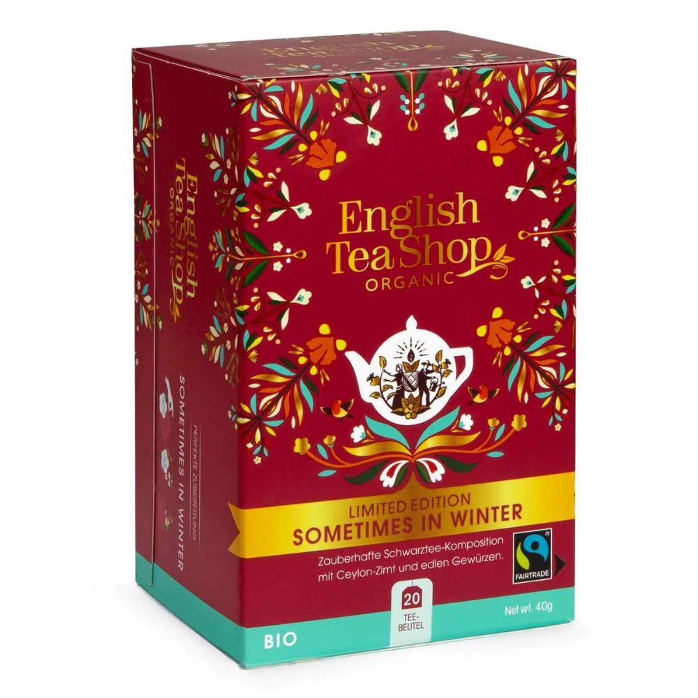 Rode doos met bloemmotief. Opschrift: English Tea Shop Organic, Limited Edition Sometimes in Winter, 20 theezakjes, Bio, Fairtrade.