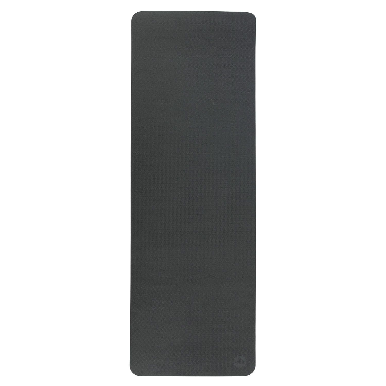 Antracietkleurige yogamat, plat uitgespreid. Bovenkant met patroon, onderkant grijs. Rechthoekige vorm.