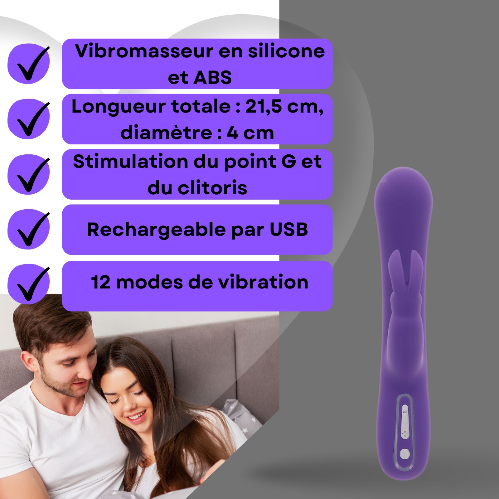 Vibrateur violet. Silicone et ABS. 21,5 cm, diamètre 4 cm. Stimulation G et clitoris. Rechargeable USB. 12 modes.