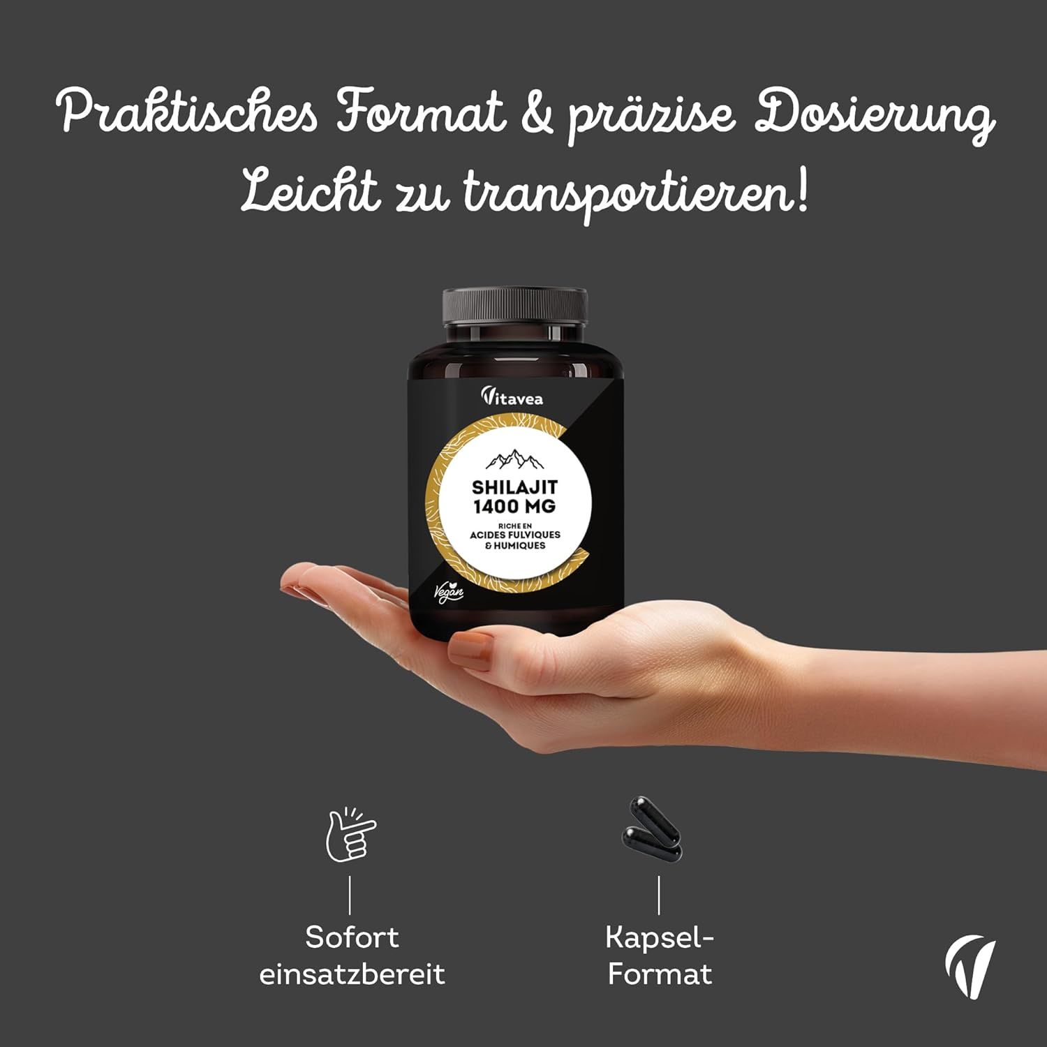 Vitavea Shilajit capsules: Praktisch formaat, nauwkeurige dosering, makkelijk te vervoeren, direct klaar voor gebruik.