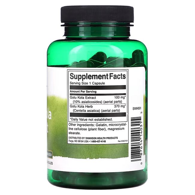 Vue arrière d'un flacon vert. Étiquette avec informations nutritionnelles. Contient de l'extrait et de l'herbe de Gotu Kola. 120 capsules.