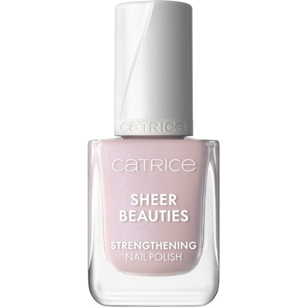 Nagellakflesje. Roze tint, transparante fles. Opschrift: Catrice, Sheer Beauties, Strengthening Nail Polish.