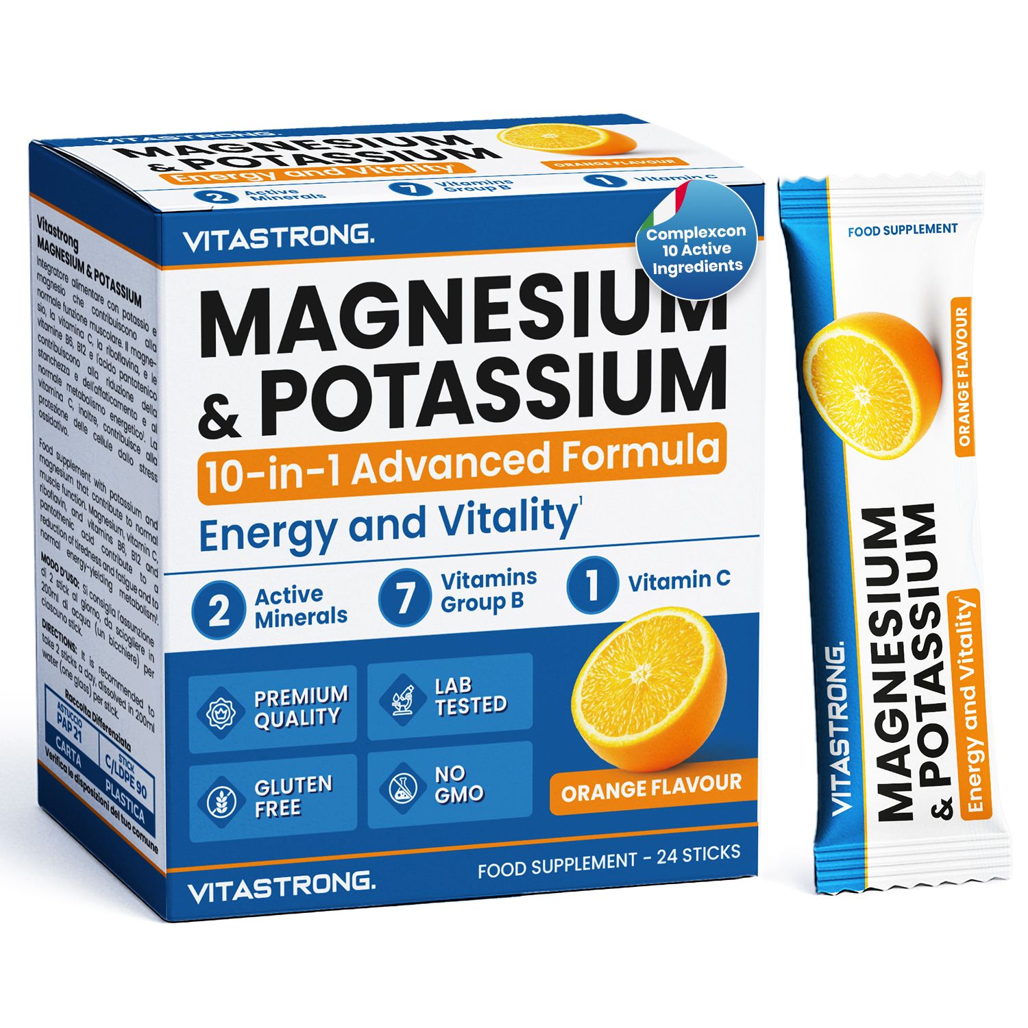 Vitastrong Magnesium & Kalium verpakking en stick. 10-in-1 Advanced Formula. 24 sticks. Met sinaasappel. Premium kwaliteit.