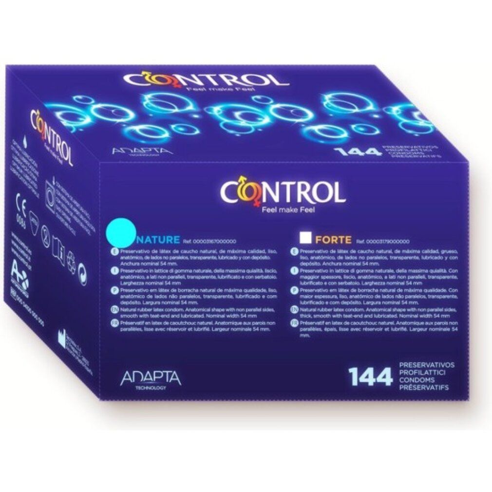 Préservatifs Control Nature, boîte de 144. Emballage bleu avec logo et informations produit.