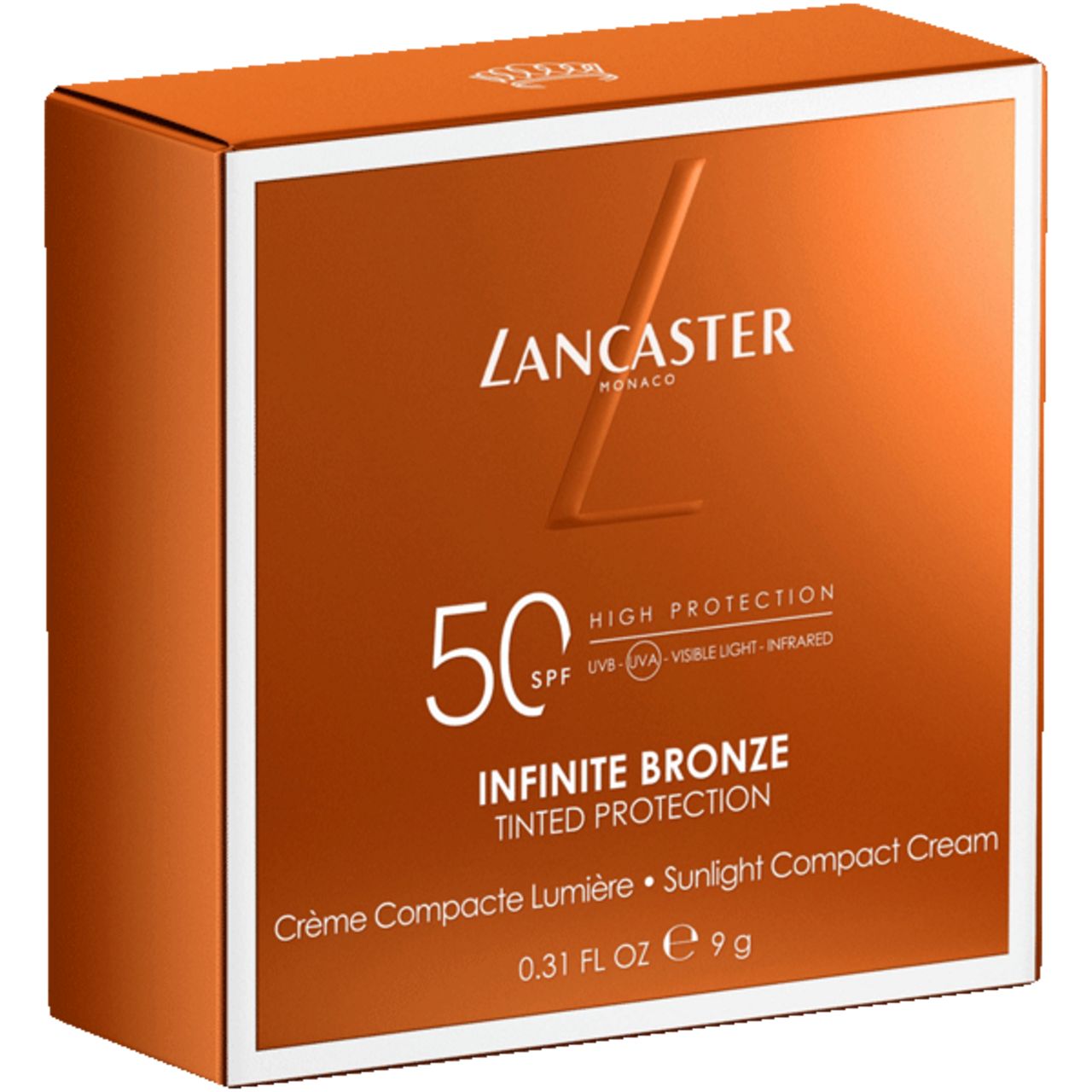 Boîte orange avec cadre blanc. Inscription: LANCASTER, 50 SPF, INFINITE BRONZE, TINTED PROTECTION, Crème Compacte Lumière, 9g.