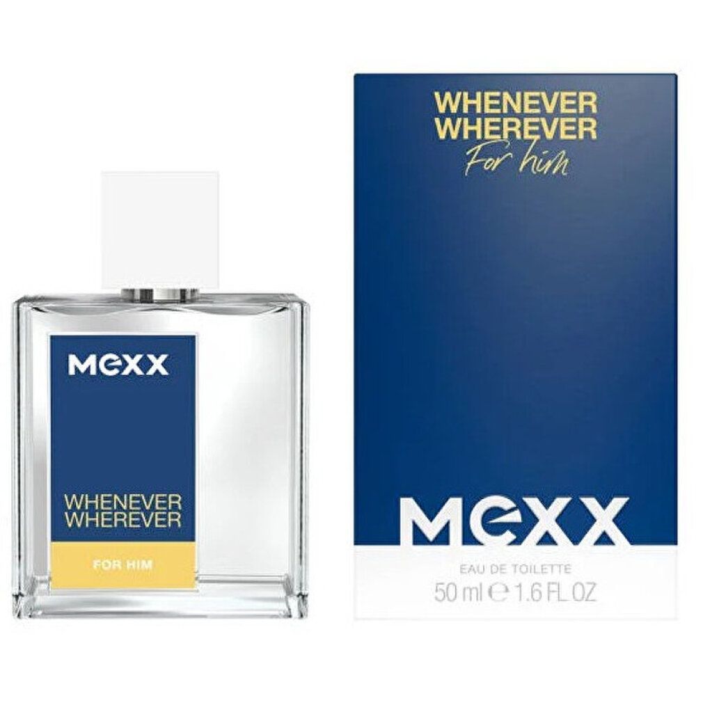 Flacon en verre et emballage. Flacon avec bouchon blanc. Emballage avec MEXX, Whenever Wherever, For Him.