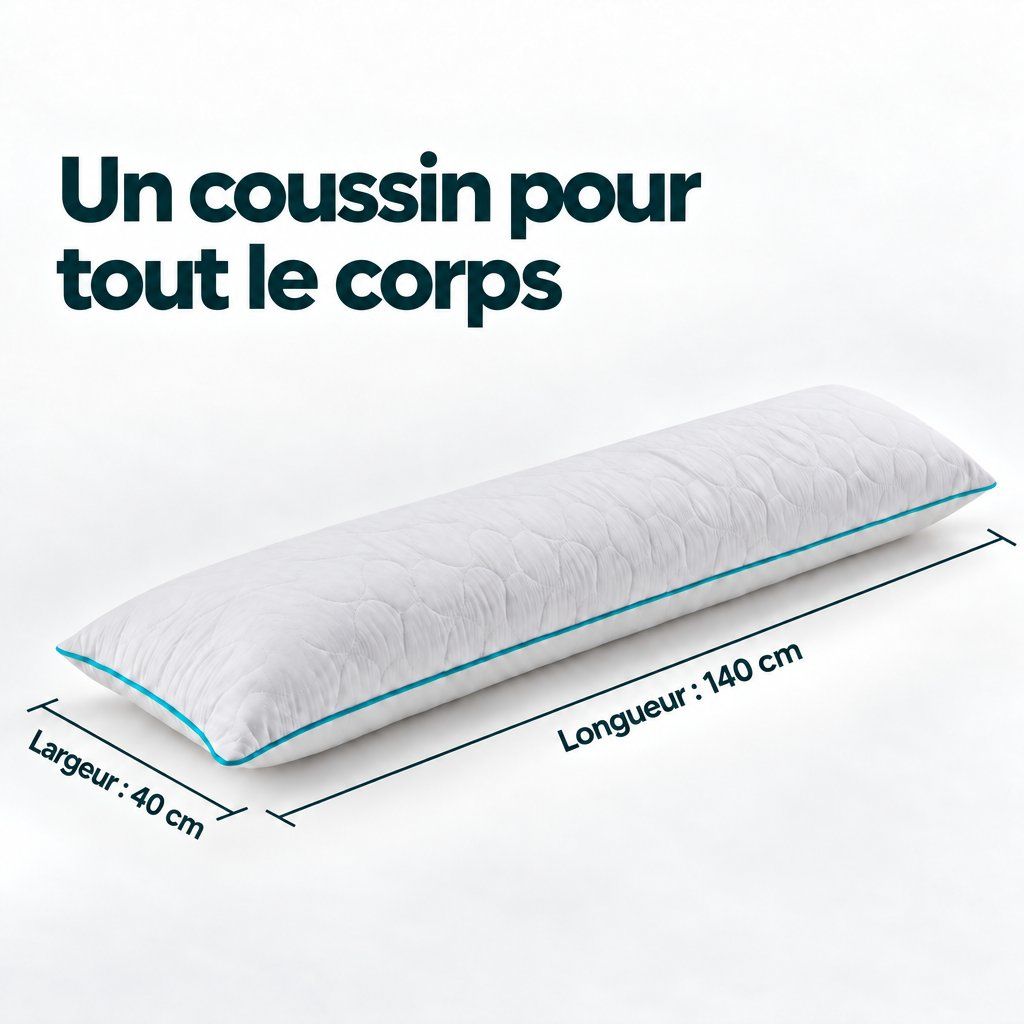 Femme allongée sur un lit, serrant un long coussin blanc.