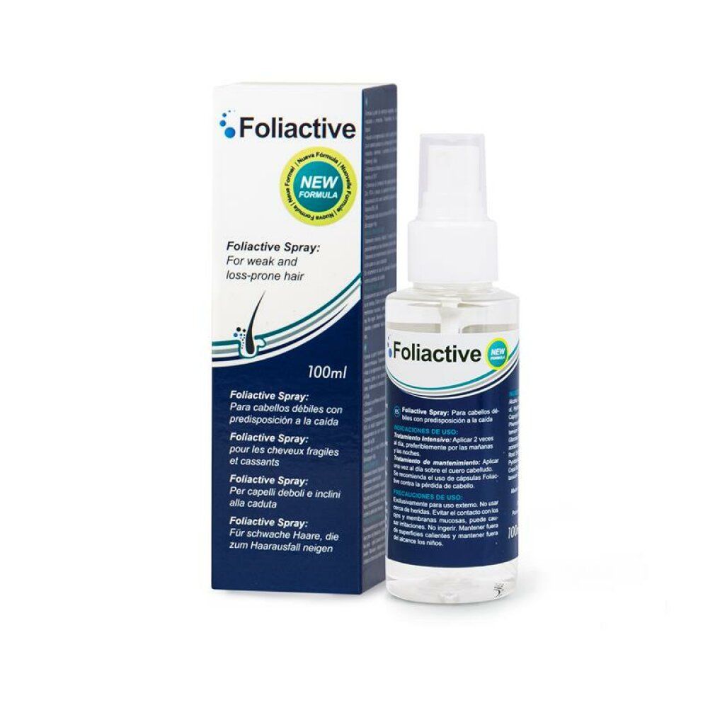 Foliactive Spray fles en verpakking. Fles met verstuiver, transparante vloeistof. Verpakking met productinformatie.