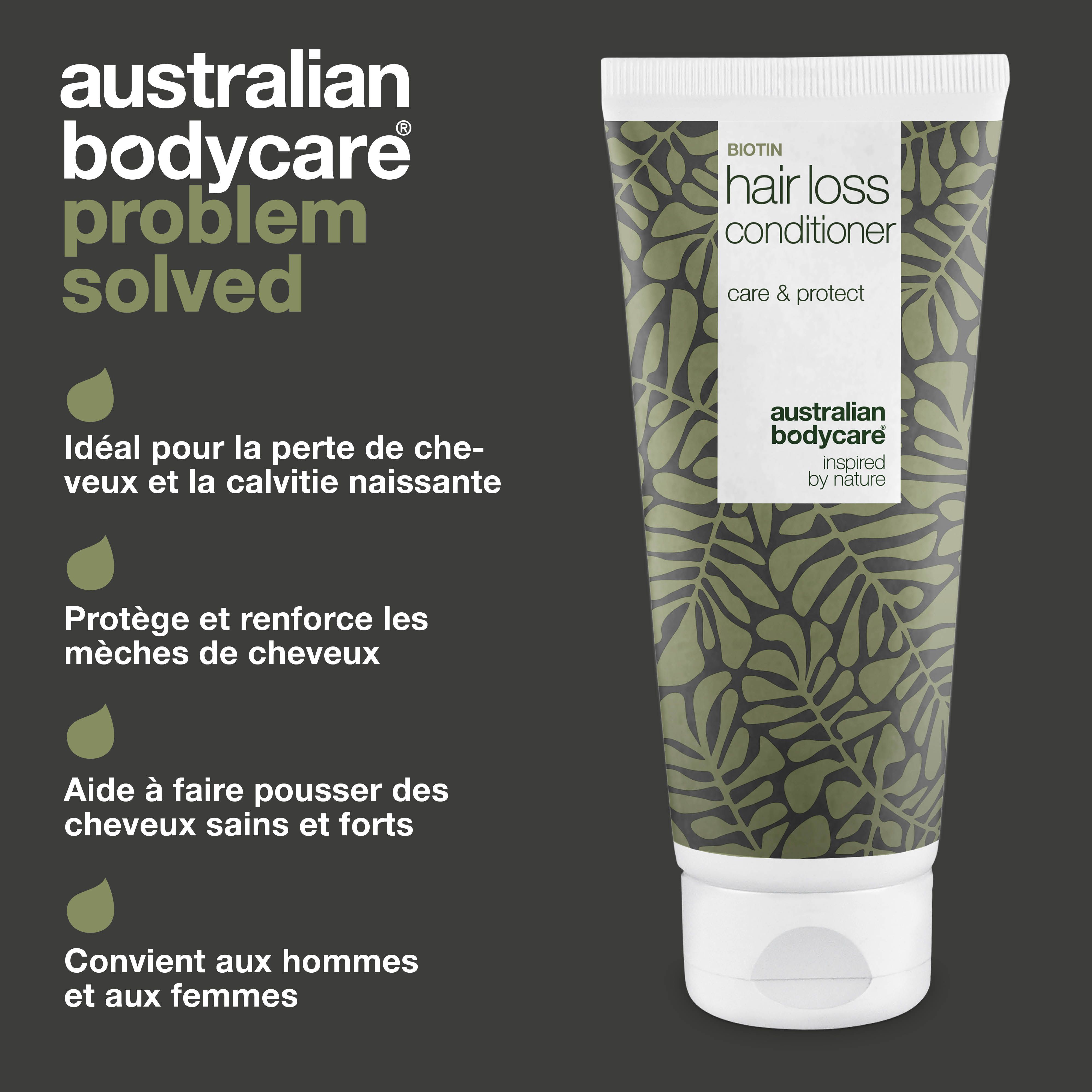 Tube de revitalisant contre la chute des cheveux. Texte: Hair loss conditioner, Australian Bodycare, Idéal pour la perte de cheveux et la calvitie naissante.