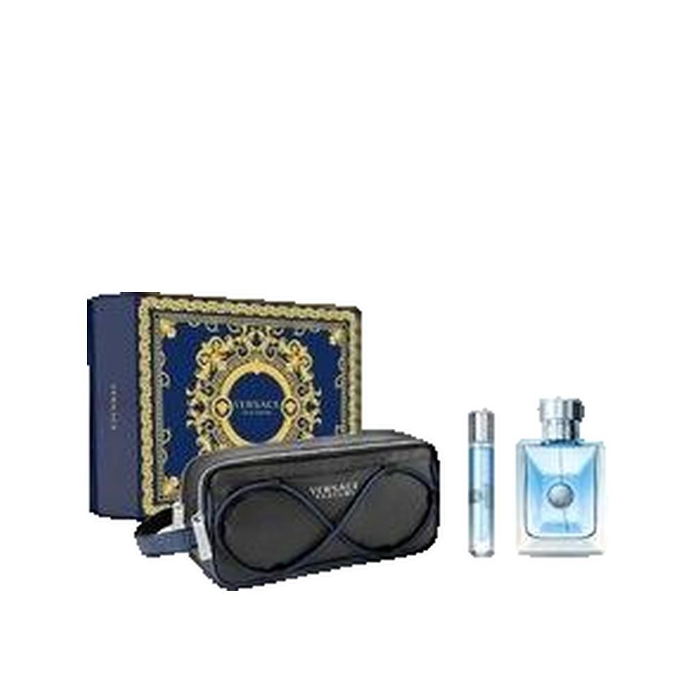 Coffret cadeau avec parfum, vaporisateur et trousse de toilette. Boîte bleue avec décor doré. Trousse noire avec logo. Parfum bleu clair.