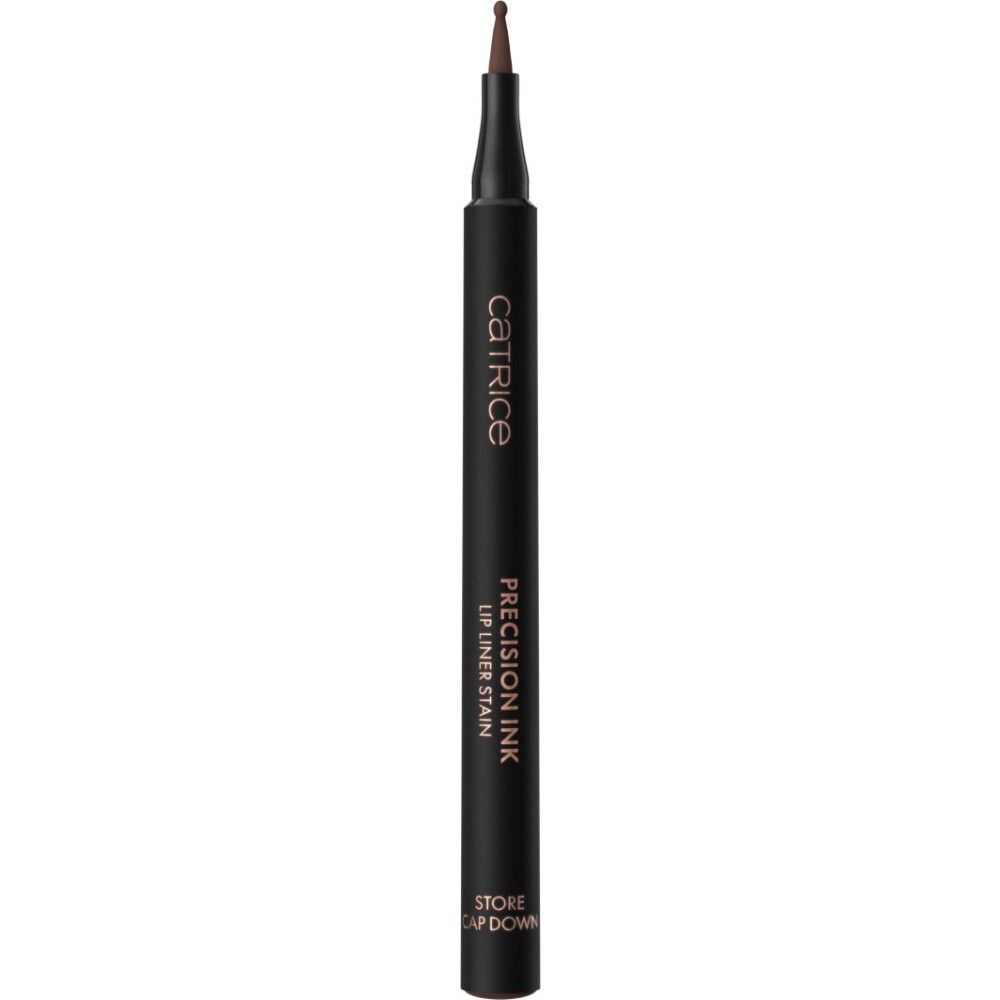 Zwarte lipliner pen met fijne punt, met opschrift 'CATRICE PRECISION INK LIP LINER STAIN'.