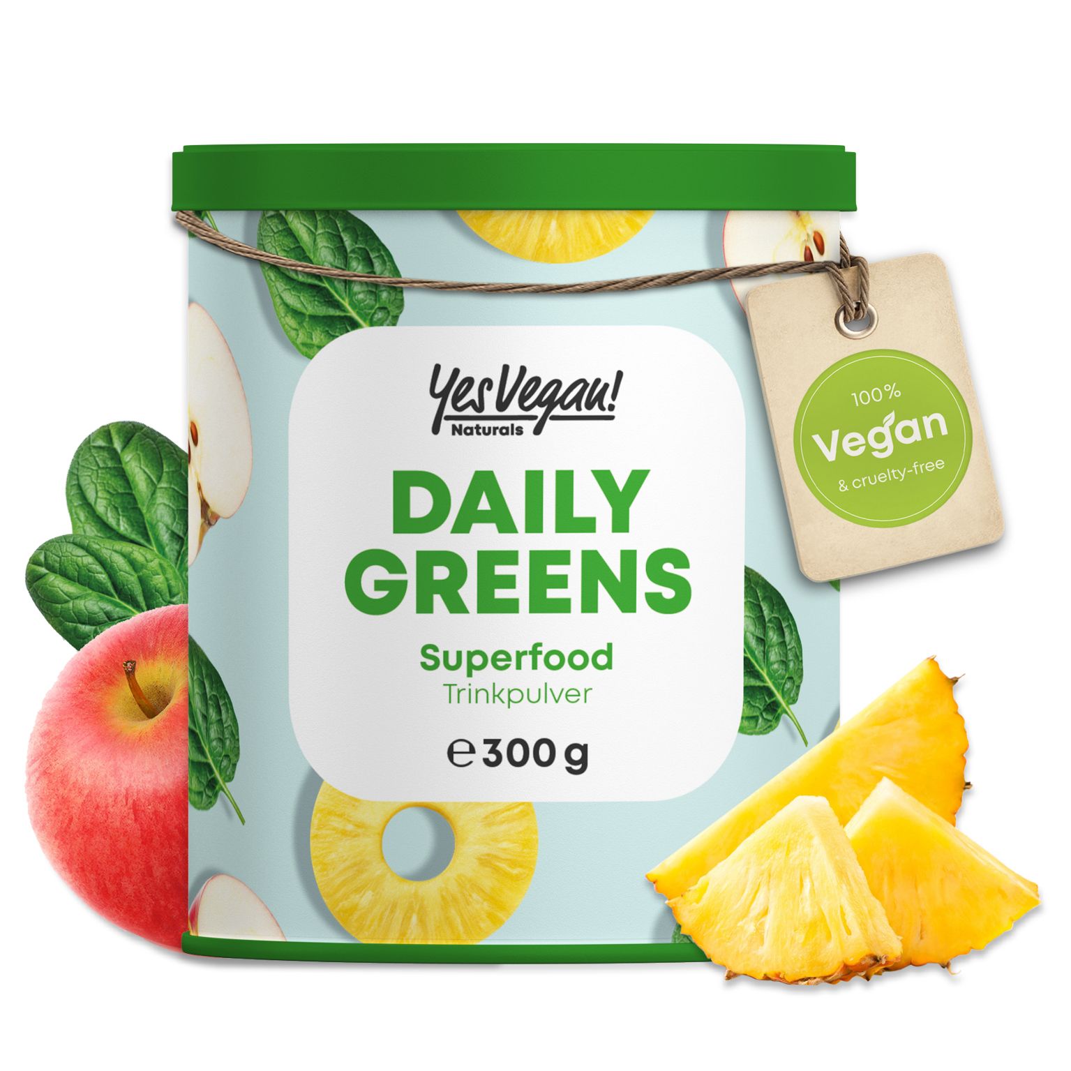 Boîte Daily Greens Superfood boisson en poudre avec motifs fruits et feuilles, 150g.