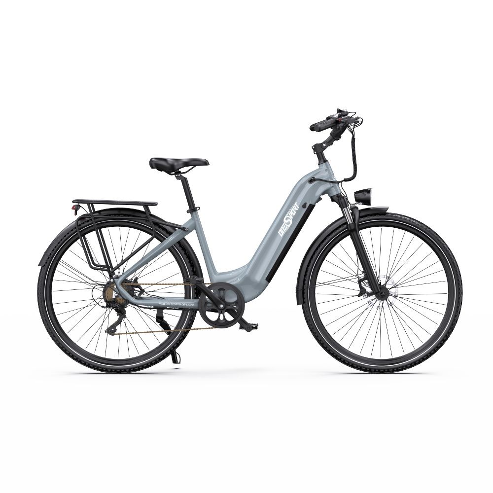 Grijze e-bike met zwarte banden. Het 'Onesport'-logo is zichtbaar op het frame.