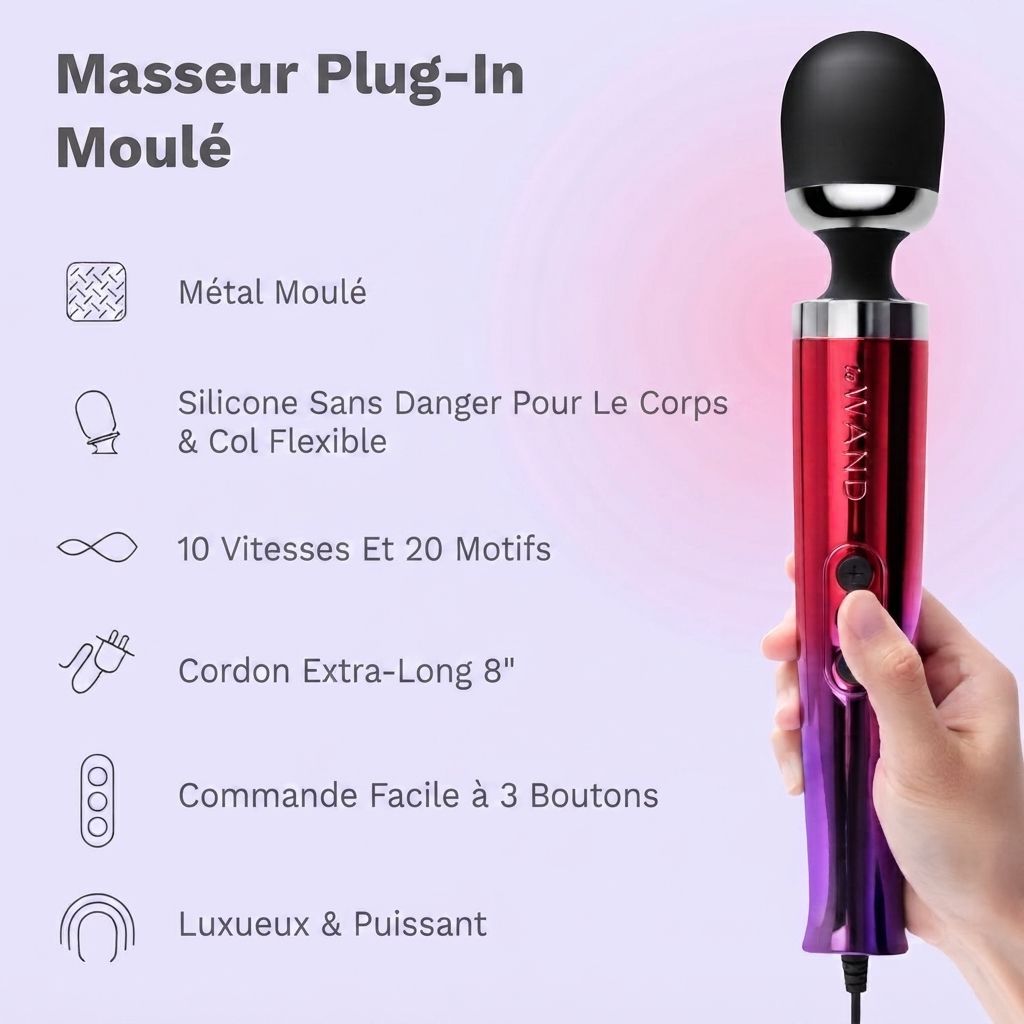 Masseur « Diecast Plug-In », rouge-violet, avec liste des caractéristiques.