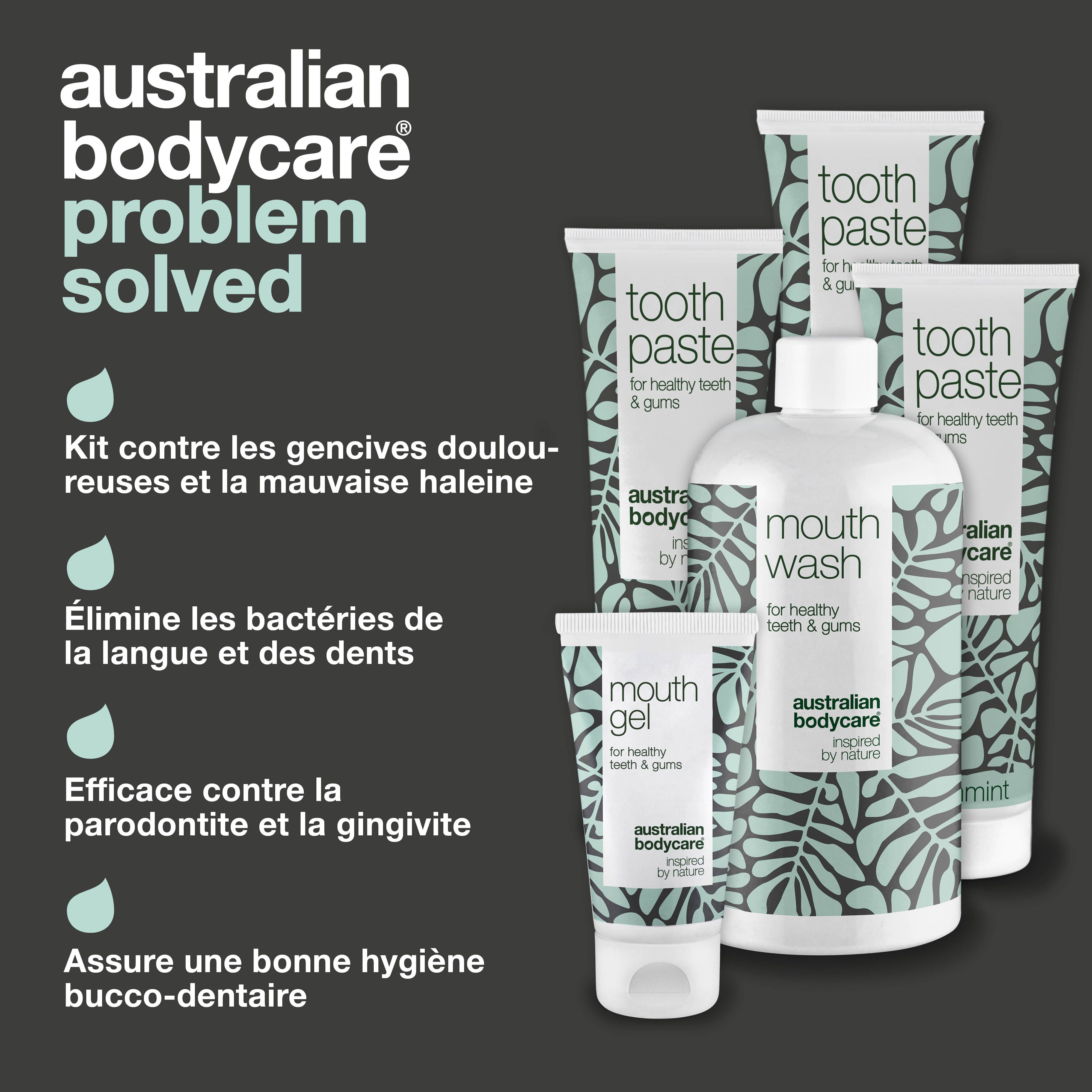 Image publicitaire avec des produits de soins bucco-dentaires. Montre du gel buccal, du dentifrice et du bain de bouche. Texte : Australian Bodycare problème résolu.