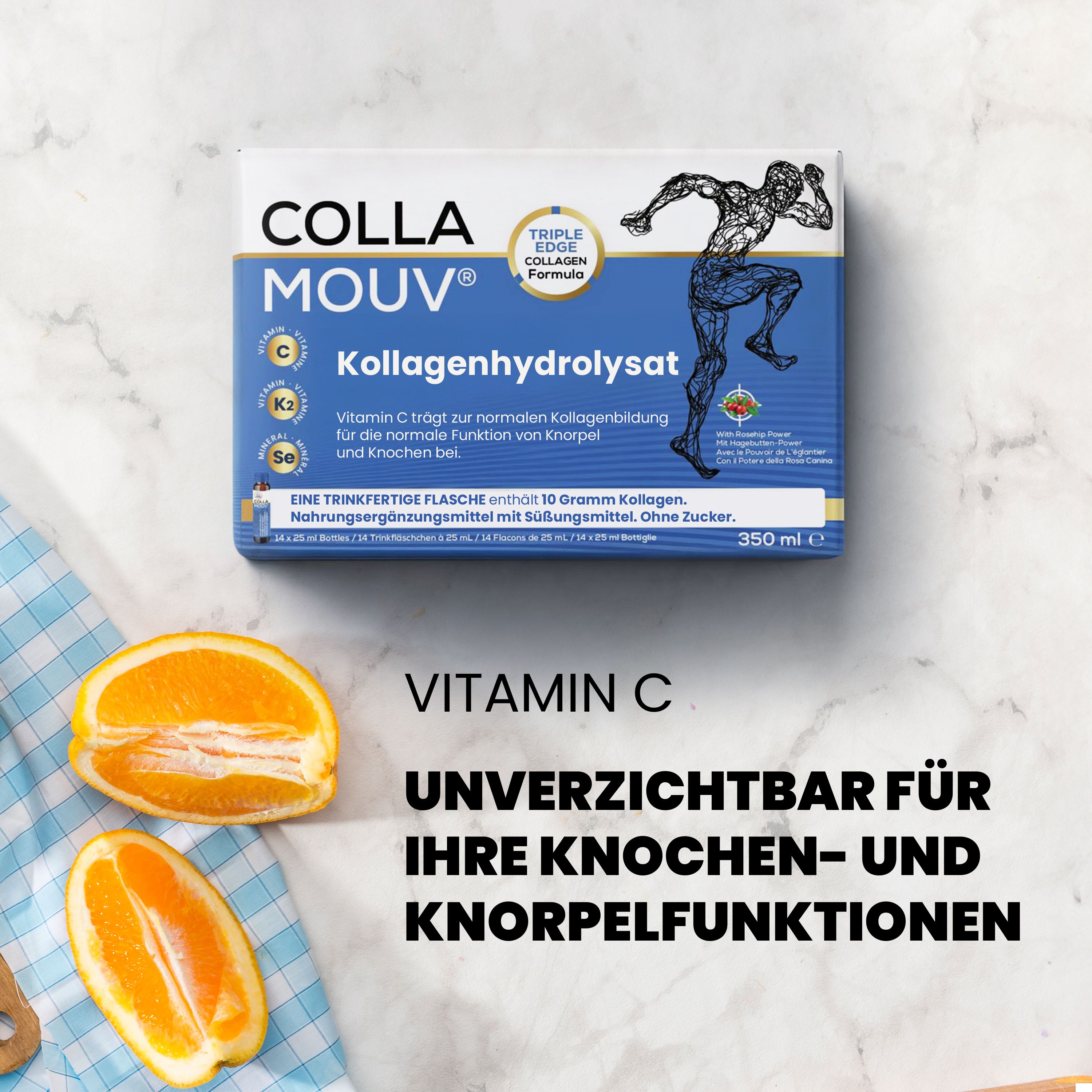 BHW Collamouv Original Kollagen : Boîte avec illustration d'homme, Vitamine C et K2.
