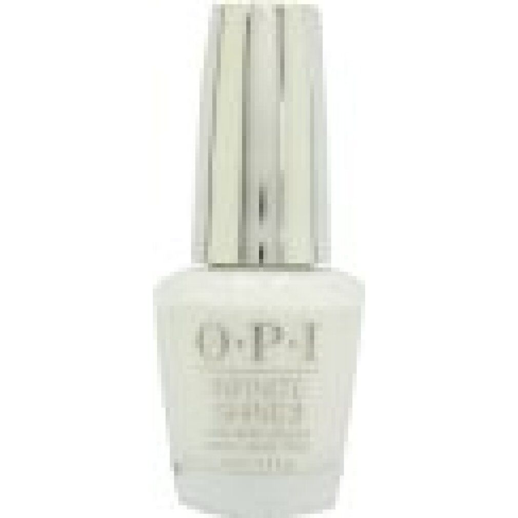 Flacon de vernis à ongles OPI Infinite Shine 2 blanc avec capuchon argenté et côtelé.