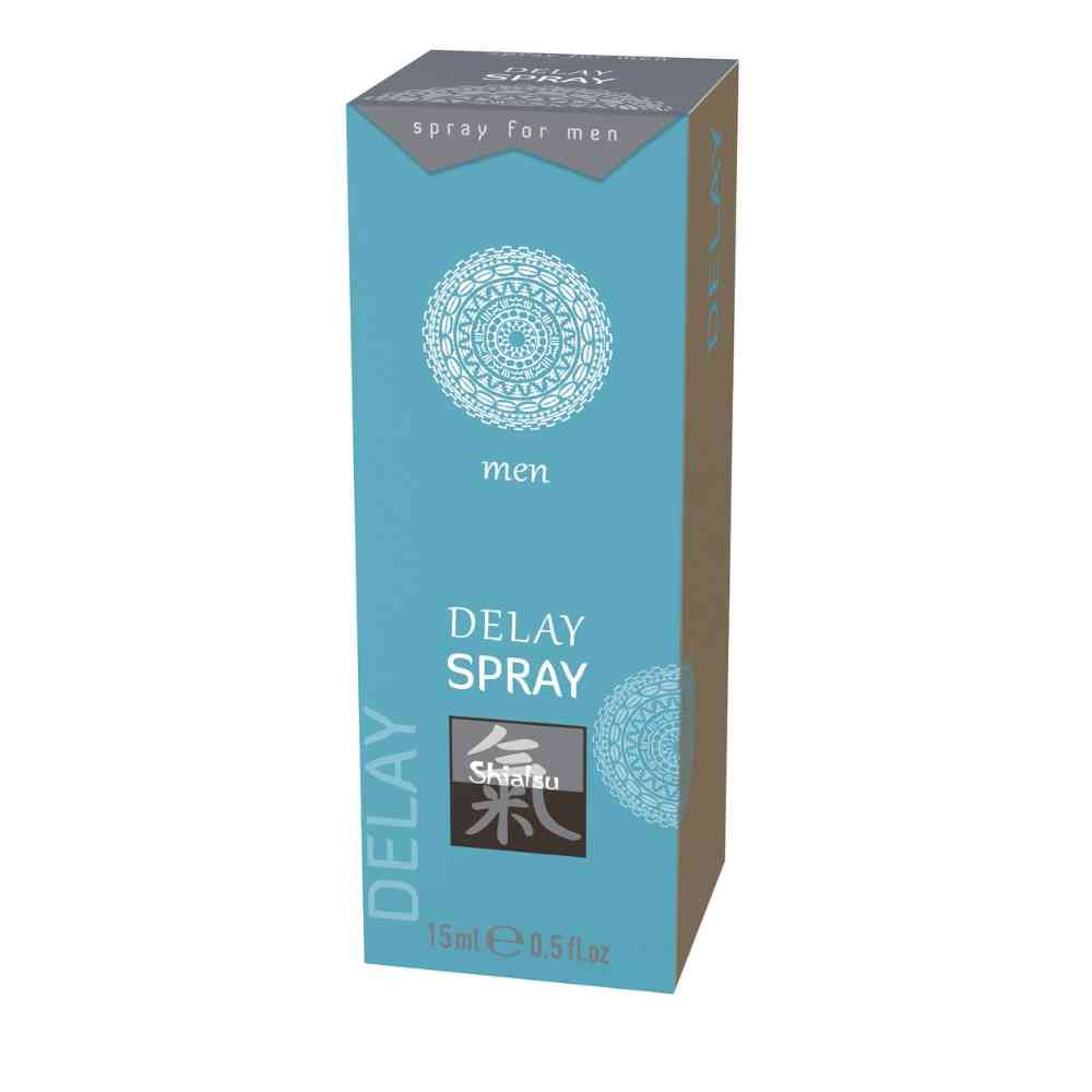 Emballage turquoise. Inscription: men, Delay Spray, Shiatsu. Volume: 15 ml / 0.5 fl.oz. Avec motif mandala.