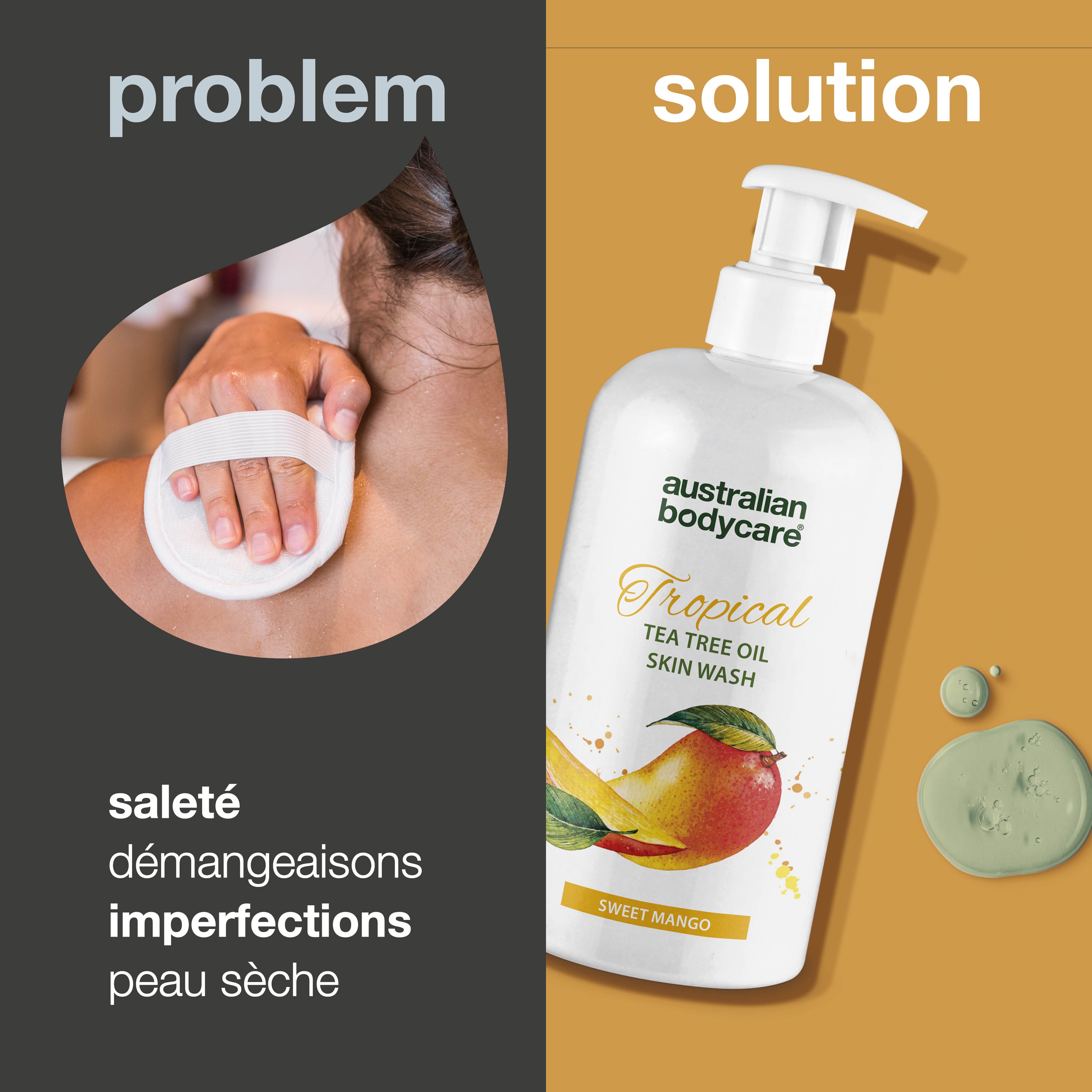 Personne nettoyant le dos avec une éponge. À droite: flacon de produit. Texte: Problème, Solution, Australian Bodycare, Tropical, Sweet Mango.