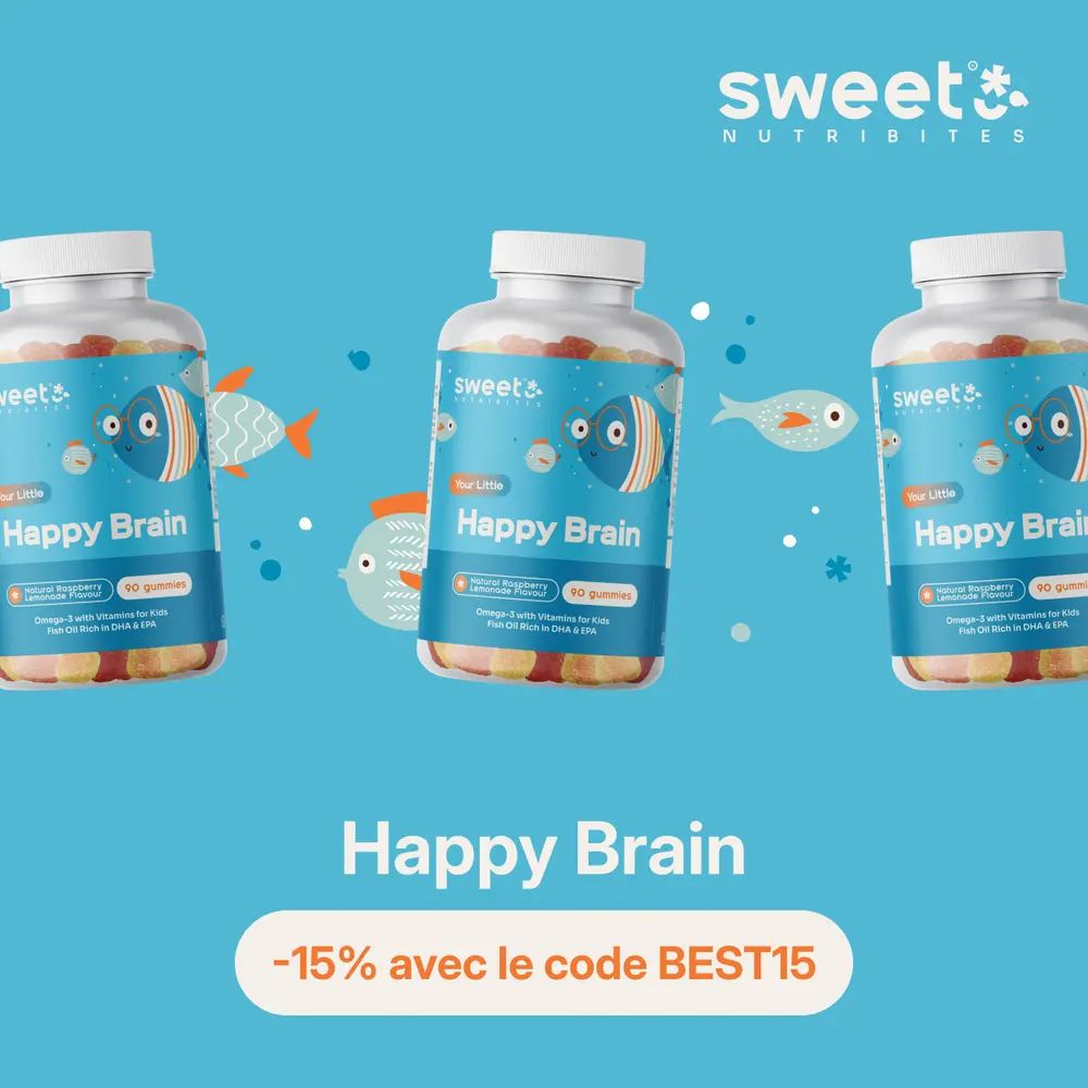 Trois flacons de gommes. Texte Happy Brain, code promo BEST15.