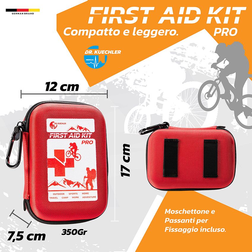 Rode EHBO-kit PRO met afmetingen: 17x12x7,5 cm, 350g. Met karabijnhaak en zwarte rits.