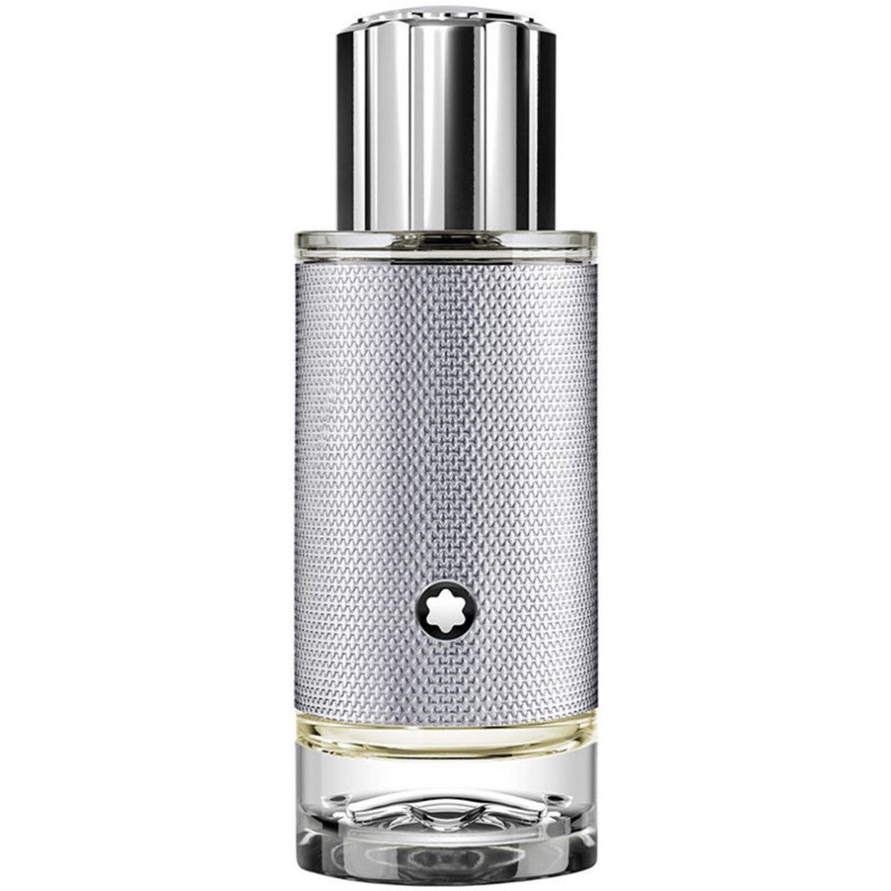 Montblanc Explorer Platinum EdP Nat. Spray fles. Zilverkleurig ontwerp met logo. Cilindrische vorm met zilveren dop.