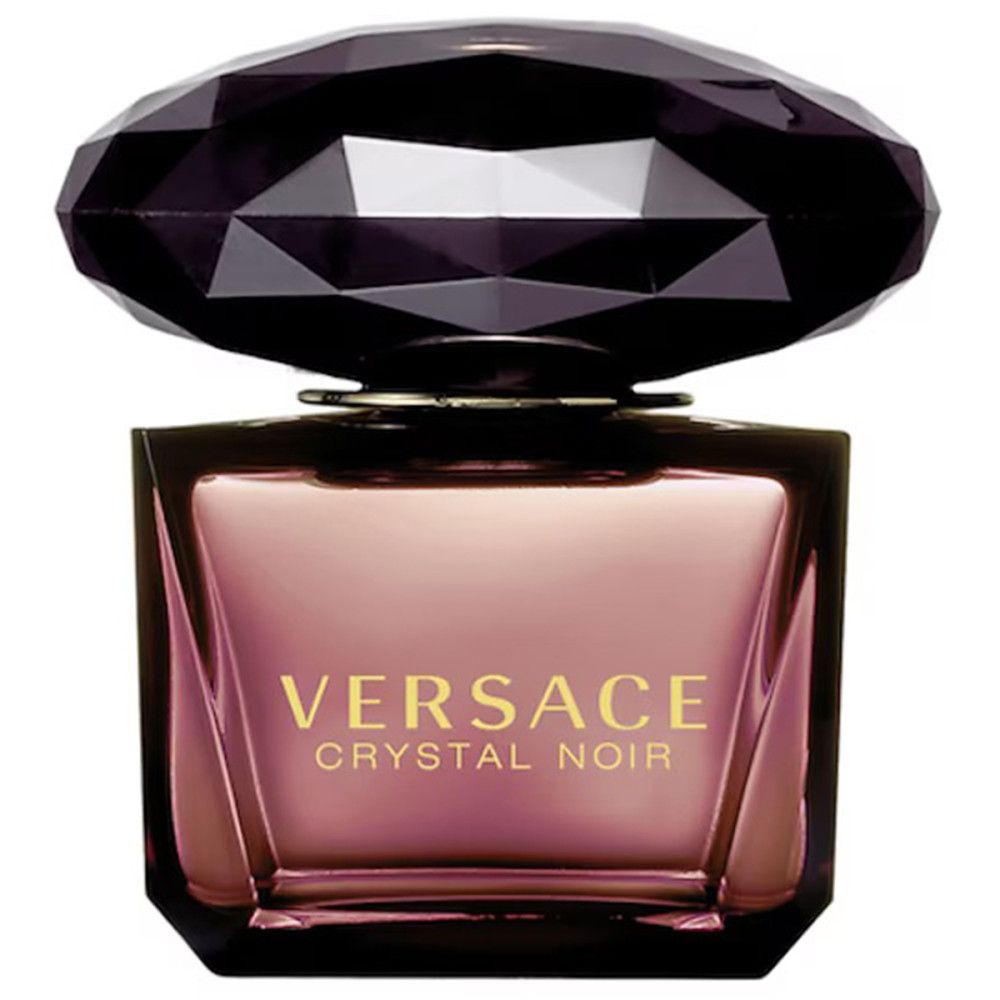 Versace Crystal Noir Eau de Toilette. Zwarte fles met dop. Rechthoekige vorm met tekst.