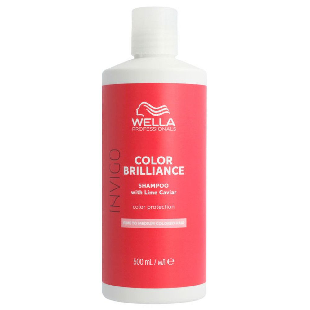 Flacon de shampooing rouge avec bouchon blanc. Texte: Color Brilliance Shampoo avec caviar de citron vert.